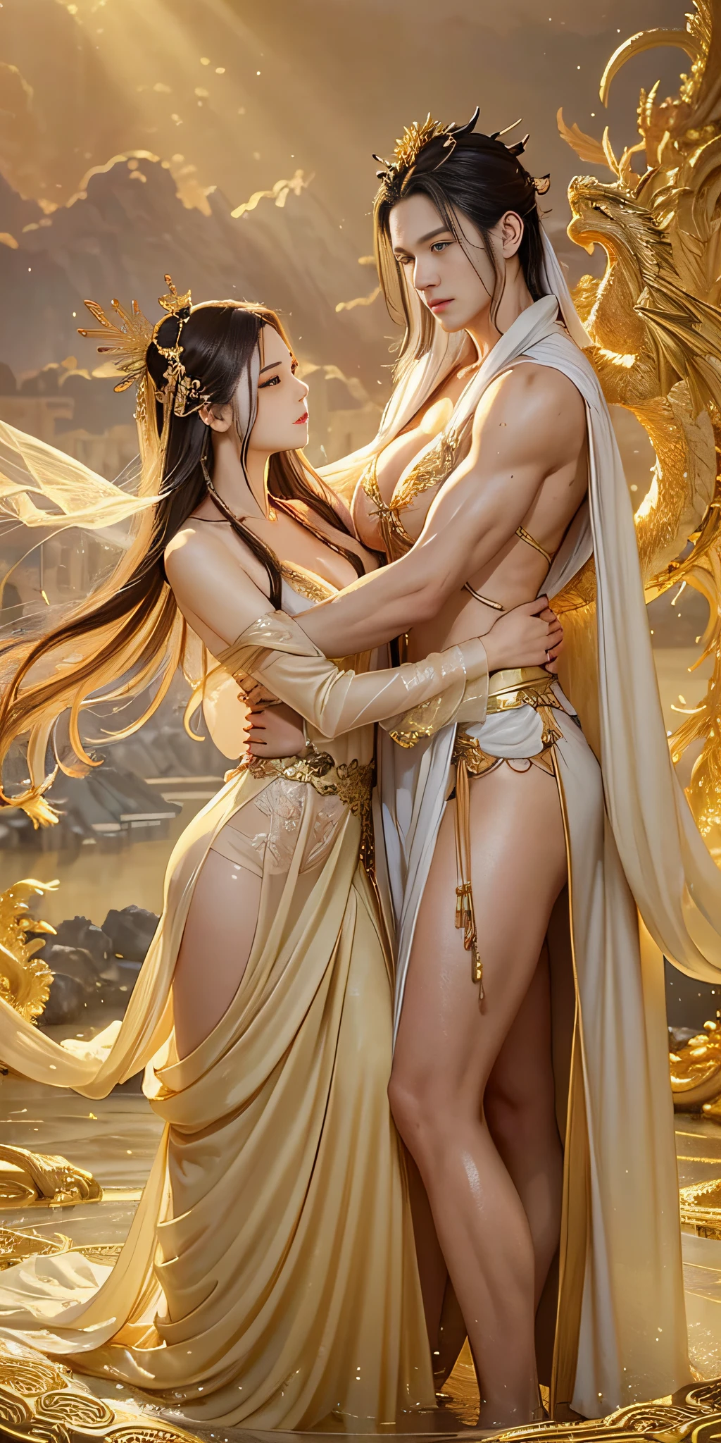 (couple cuddling) rough man Zeus muscular naked, beautiful, sexy, big breasts, cleavage, bare legs, see-through, standing, hanfu, wet, clear, realistic, highest detail, Chinese mythology, dragon pattern, phoenix, sacred, holy, golden mountains, heavenly palace, countless palaces, clouds, golden light