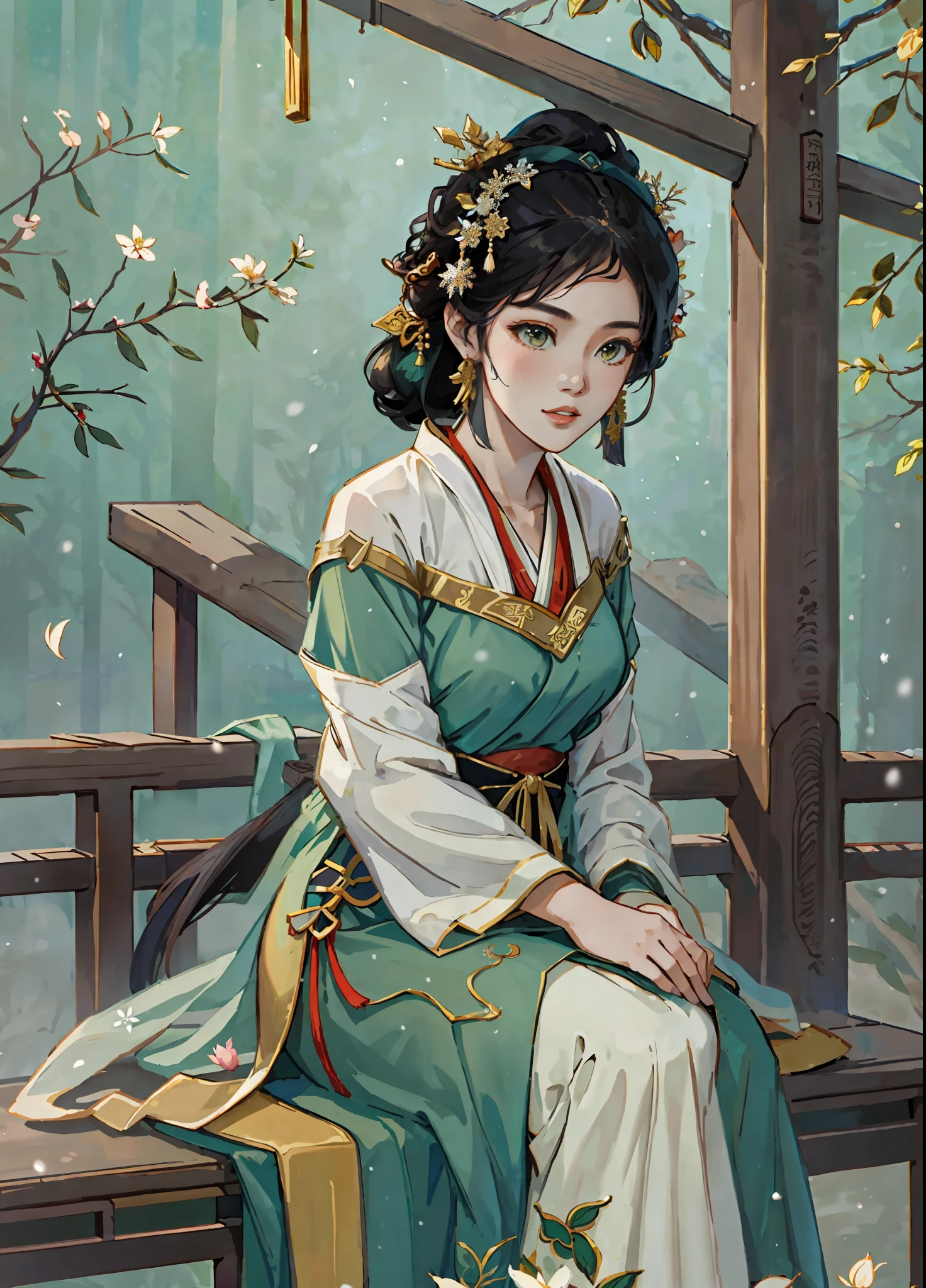 A beautiful girl in ancient China, dark green long dress, sitting in a pavilion, snowflakes falling, sunlight, clear face, masterpiece, super detailed, epic composition, high quality, highest quality, 4k --v 6
