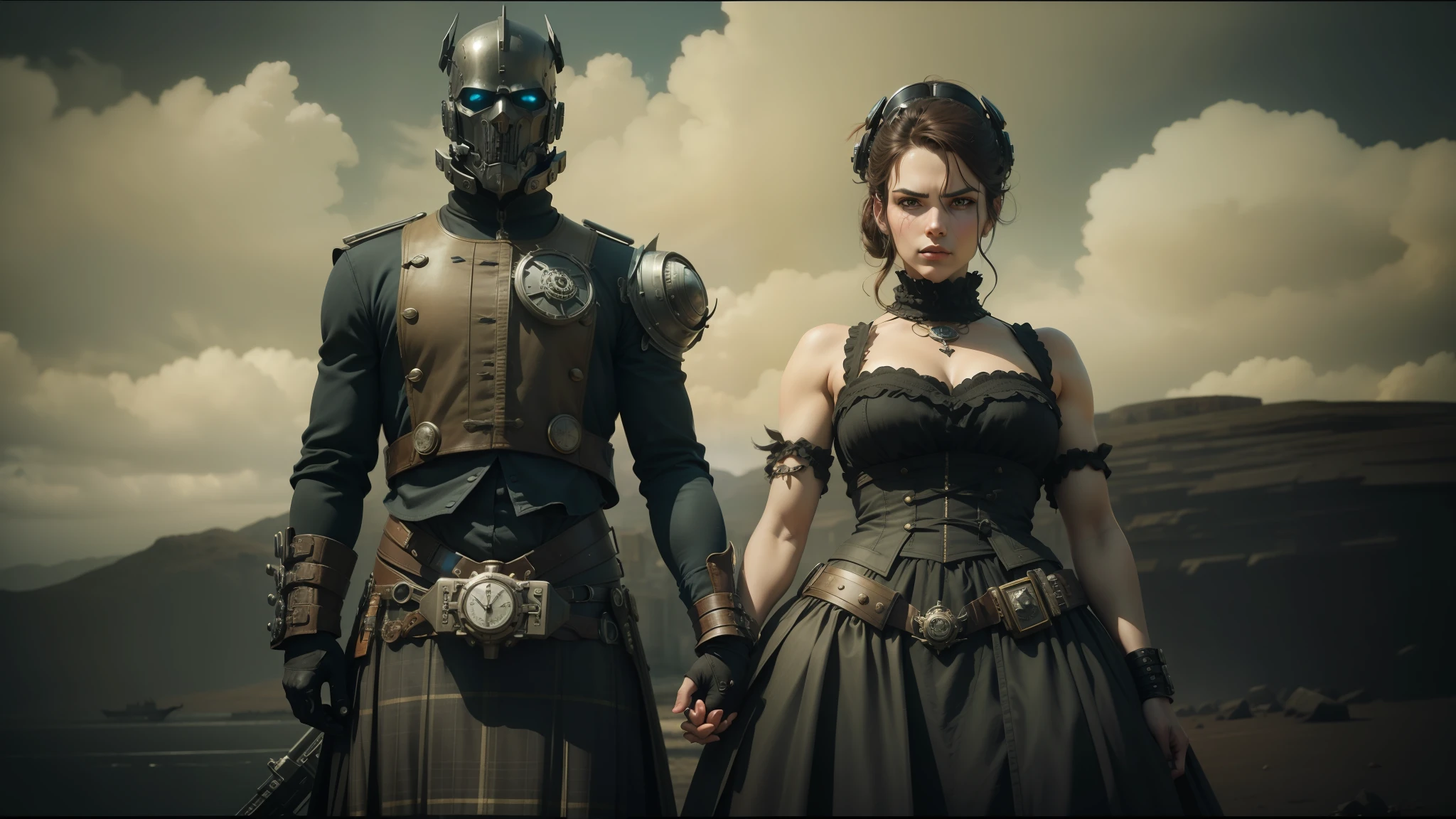 there are two people dressed in costumes standing next to each other, western steampunk cyborg, scotland, cinematic still frame, nuclear fashion, heroic masculine pose, 2 0 1 4. modern attire, hellish, sculls, daguerrotype, twelve arms, prometheus (2012), 1 9 0 0 s, anthropomorphic character --auto --s2