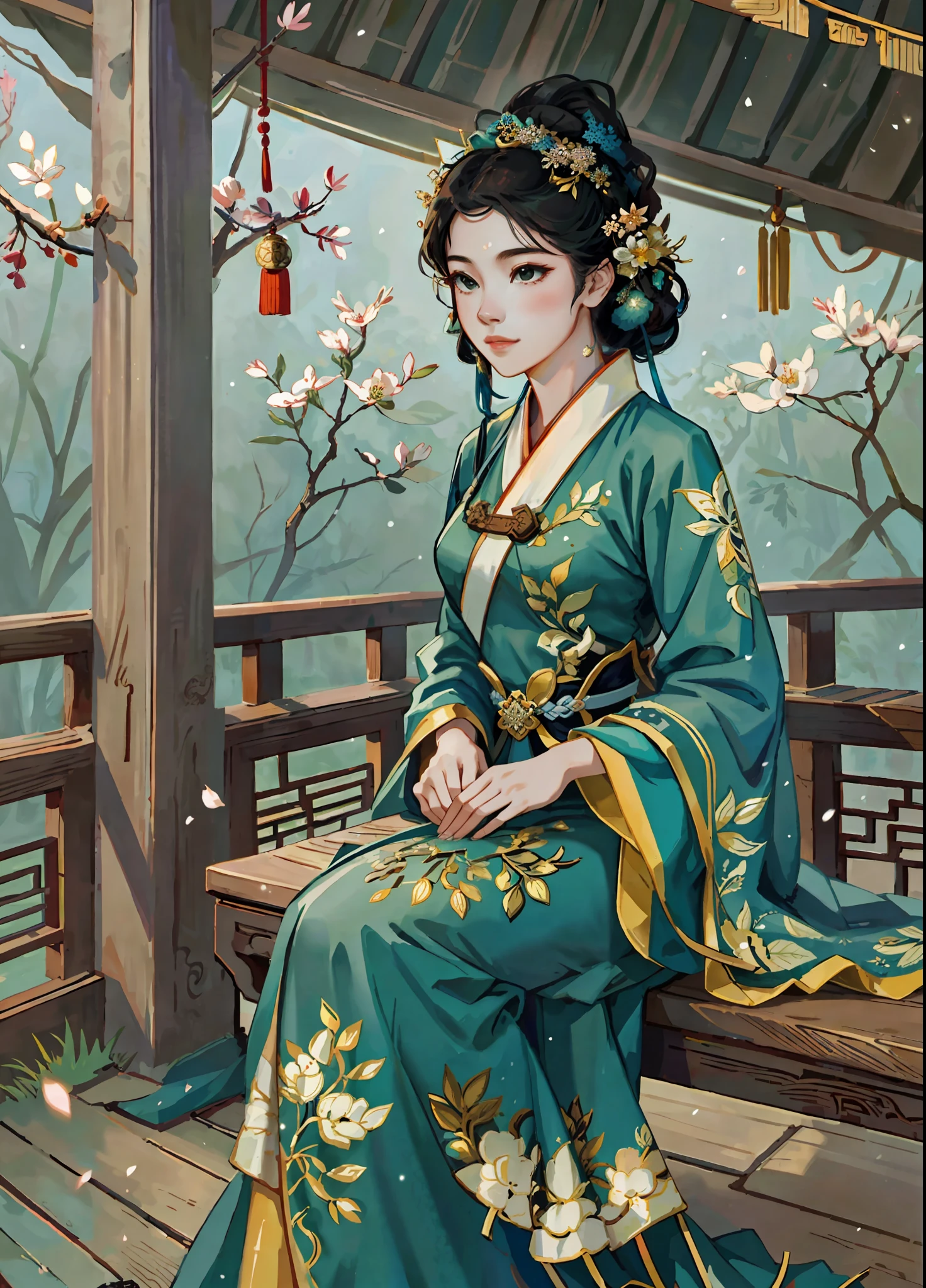 A beautiful girl in ancient China, dark green long dress, sitting in a pavilion, snowflakes falling, sunlight, clear face, masterpiece, super detailed, epic composition, high quality, highest quality, 4k --v 6