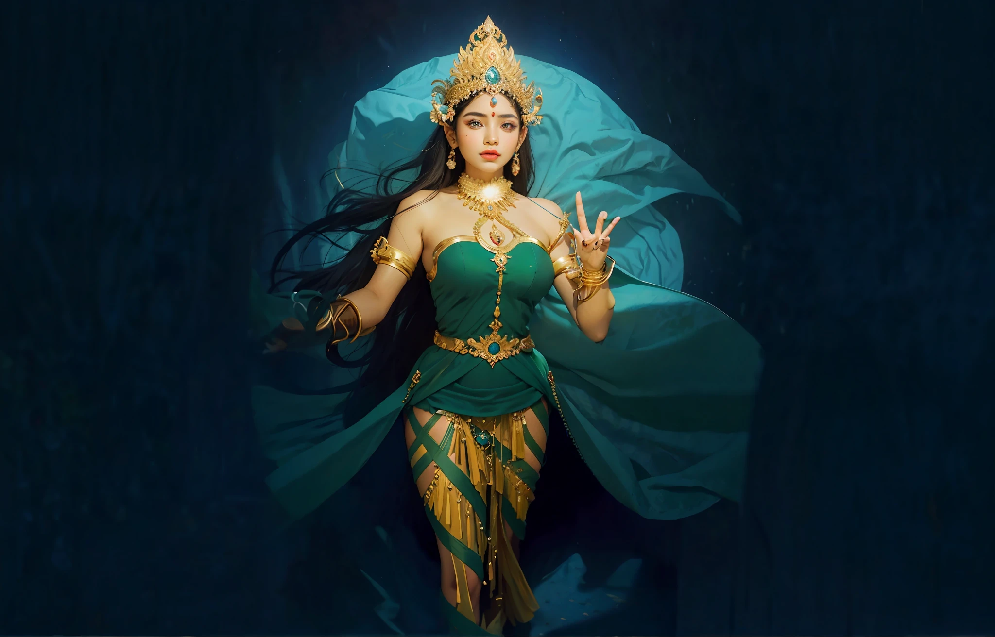 a close up of a woman with big breast and short penties in a green dress with a blue cape, Sexy goddes, Nude, javanese mythology, goddess of love and peace, portrait of modern darna, a stunning portrait of a goddess, goddess inanna, by I Ketut Soki, female goddess, earth goddess mythology, goddess portrait, indian goddess of wealth, divine goddess, portrait of a goddess