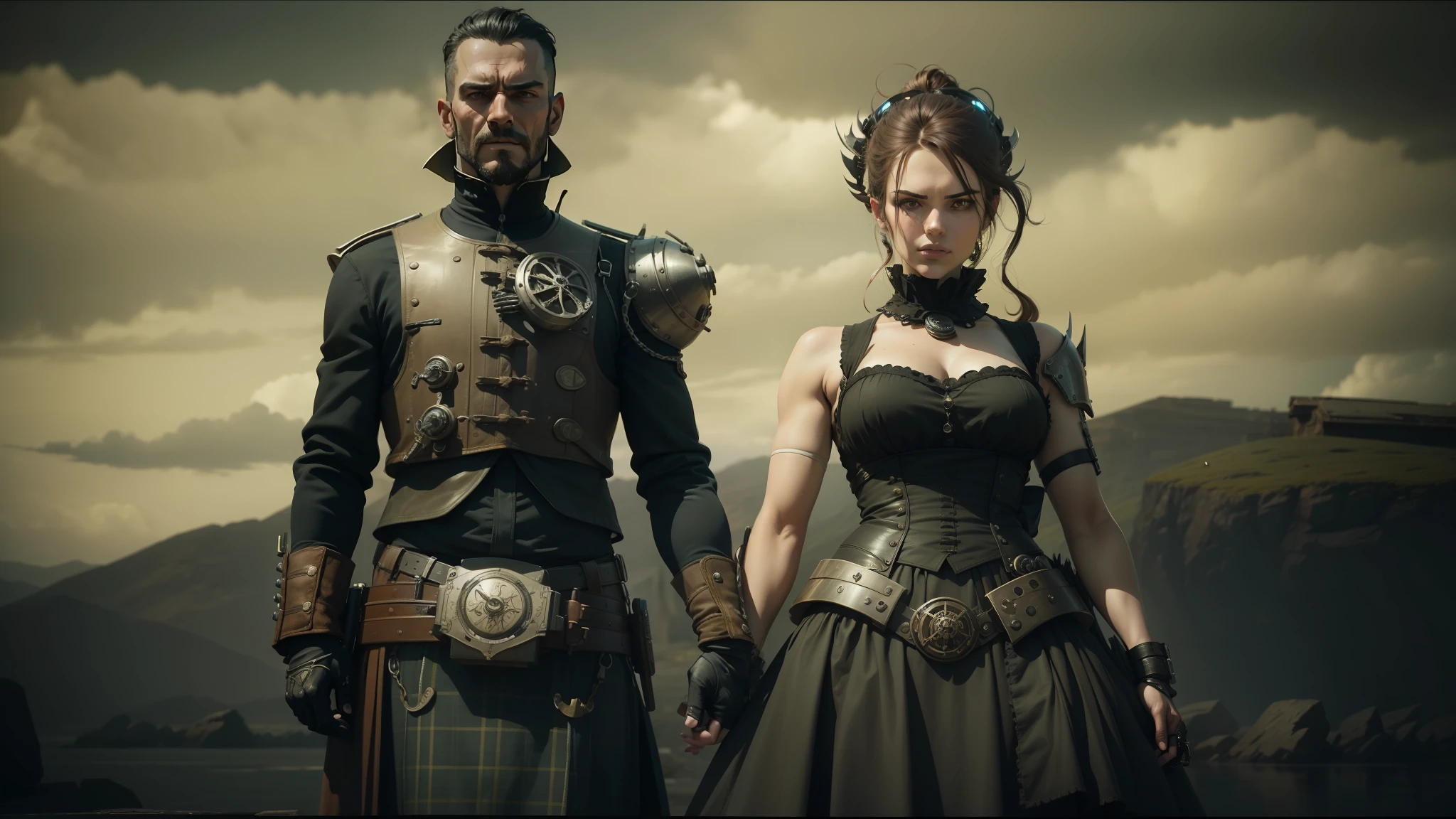 there are two people dressed in costumes standing next to each other, western steampunk cyborg, scotland, cinematic still frame, nuclear fashion, heroic masculine pose, 2 0 1 4. modern attire, hellish, sculls, daguerrotype, twelve arms, prometheus (2012), 1 9 0 0 s, anthropomorphic character --auto --s2