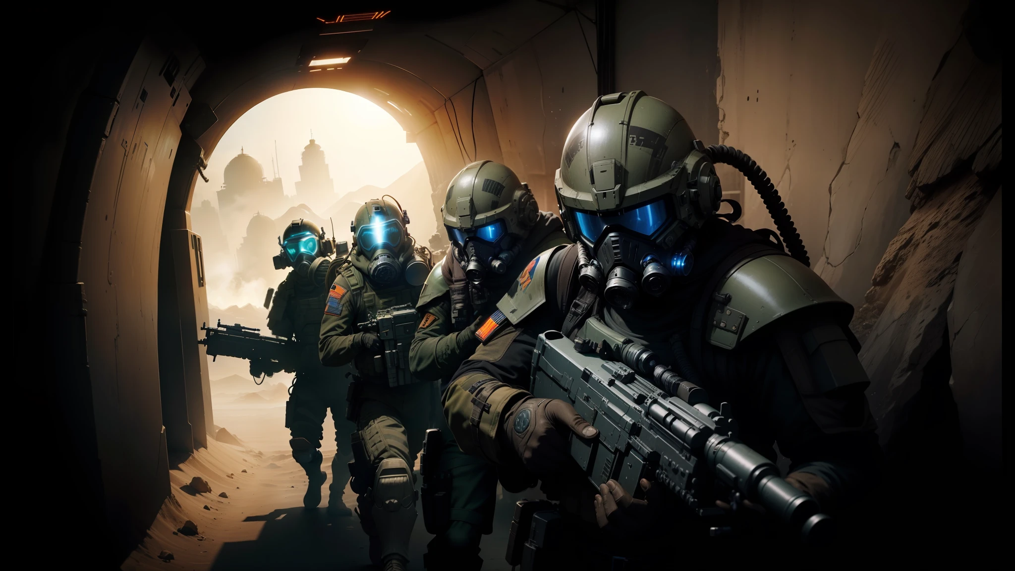 soldiers in gas masks and helmets are walking through a tunnel, concept creature character art, film still from movie dune-2021, anamorphic flares, tribal style, star citizen, alien flora, guards, workers, raider --auto --s2