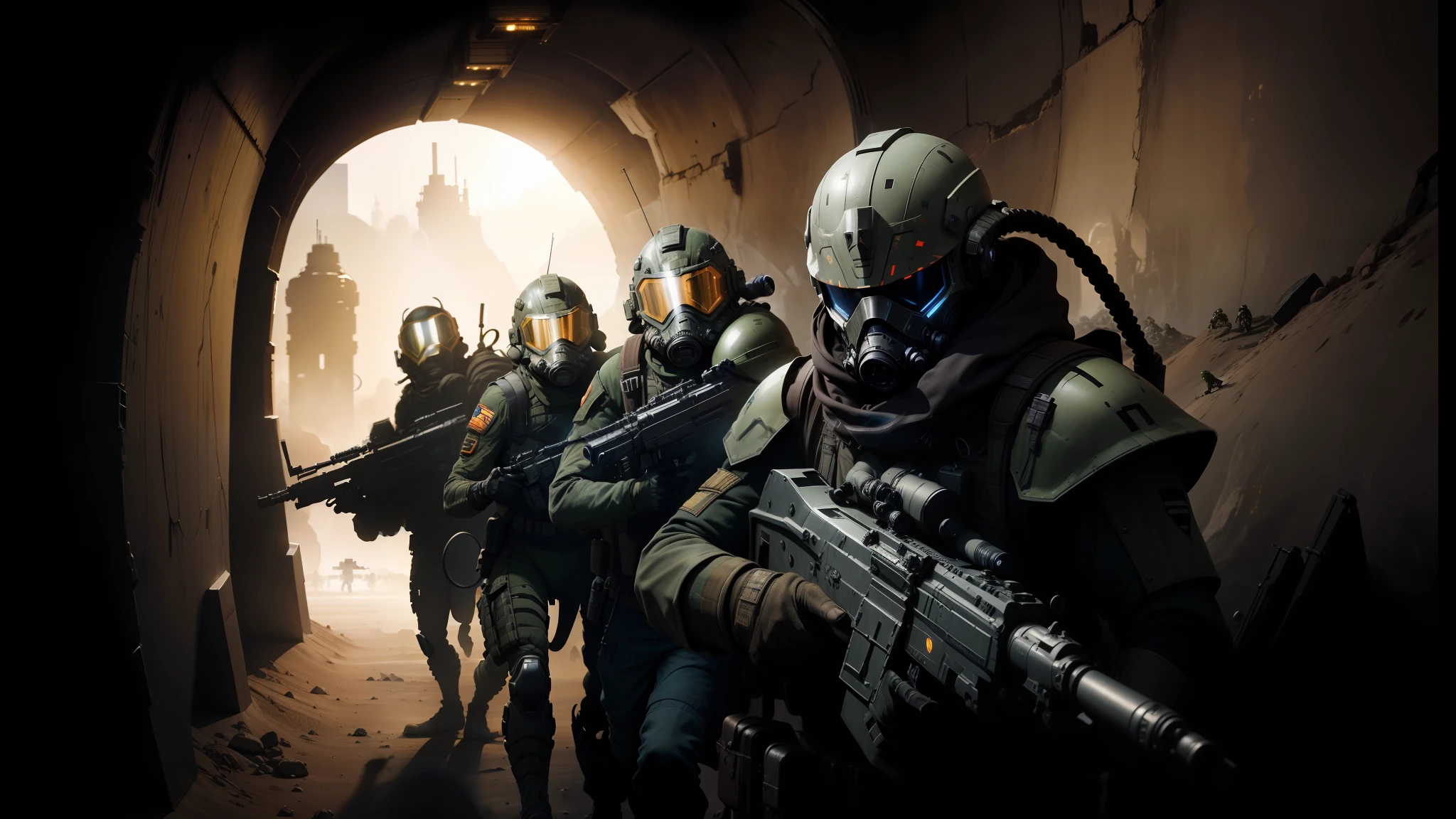 soldiers in gas masks and helmets are walking through a tunnel, concept creature character art, film still from movie dune-2021, anamorphic flares, tribal style, star citizen, alien flora, guards, workers, raider --auto --s2
