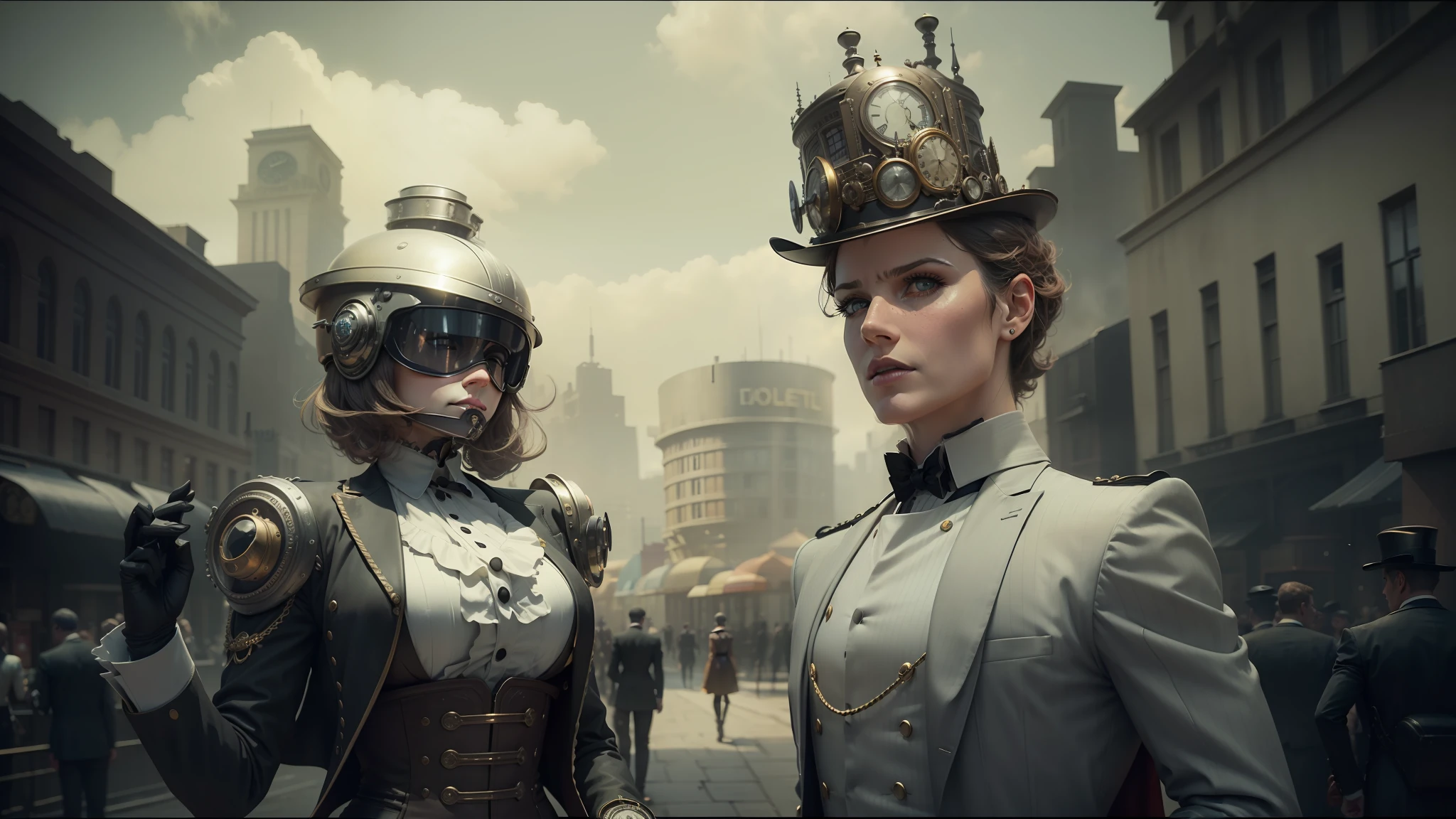 there is a woman in a helmet and a man in a suit, steampunk city on the background, black and white cinematography, automaton, promotional render, roger deakin ’ s cinematography, premiere, passengers, black top hat, cgi rendering --auto --s2