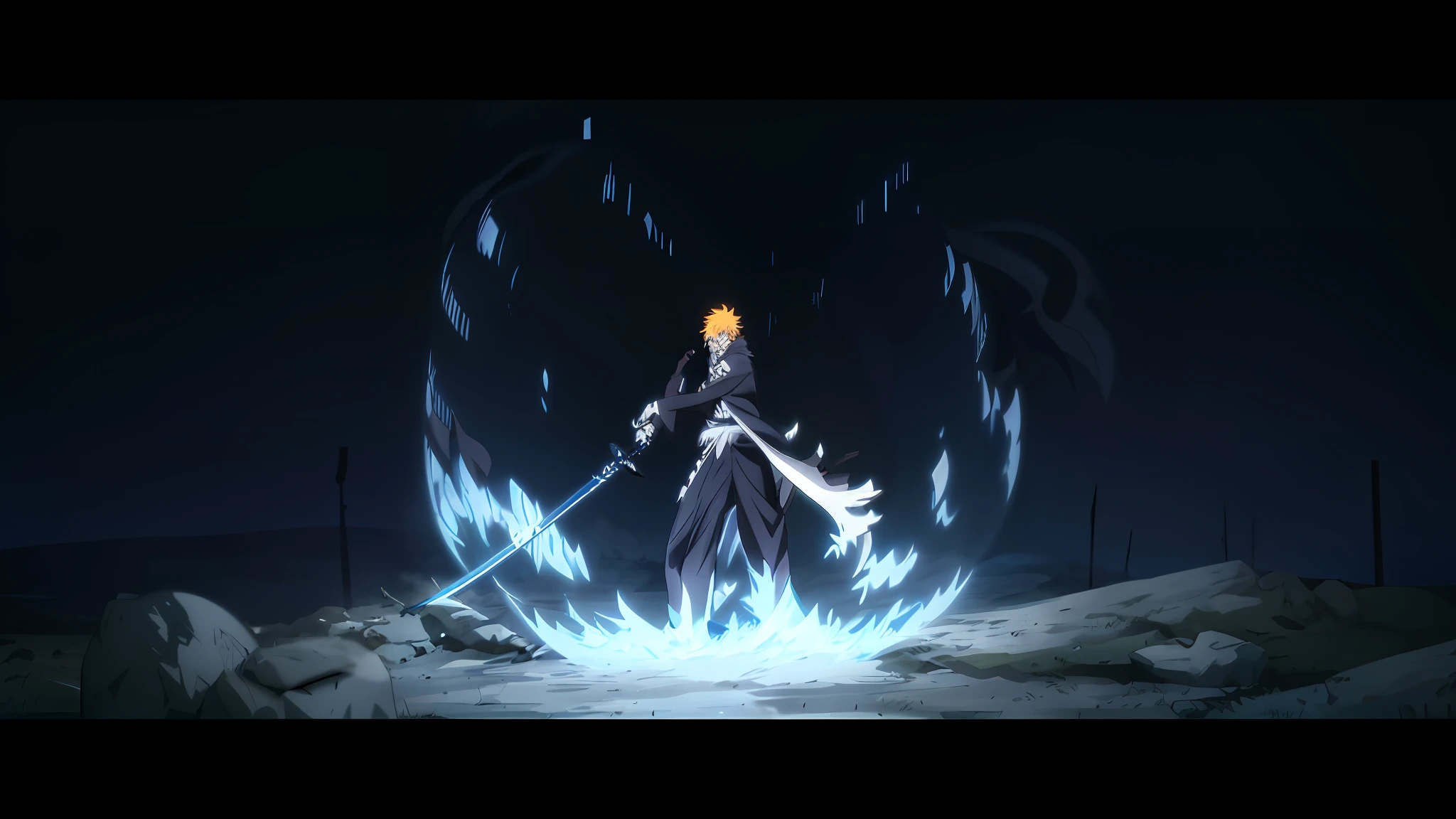 Anime scene of the man with the sword in the dark, epic 8 K HD anime footage, Ichigo Kurosaki, badass anime 8 K, Ichigo, anime still frame, Shinigami, bleach, anime screen cover, anime movie frame, anime movie screenshot, today's featured anime stills, official studio anime stills, reaper reaper