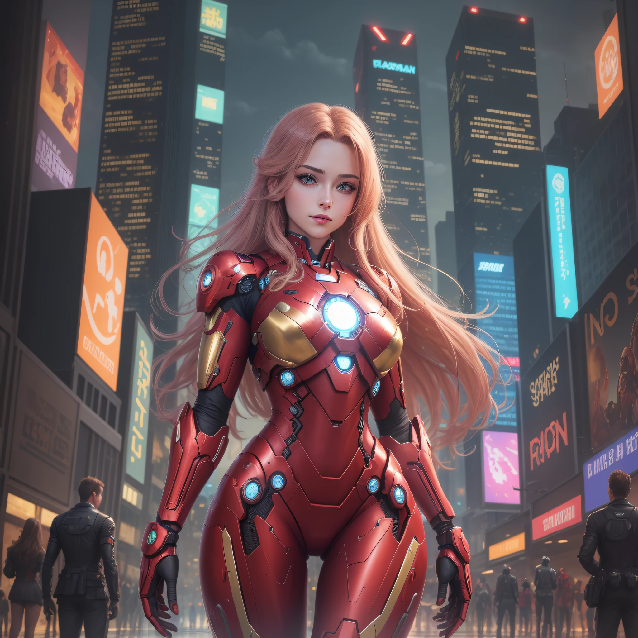 8K, realistic, charismatic, very detailed, a 20-year-old girl wearing a shiny Iron Man mech. She has a very delicate and beautiful appearance, long golden hair, blue eyes, red lips, smiling and looking ahead, in the cyberpunk-style city night scene, a sexy and charming woman with the theme of Iron Man's role-play. She wears a shiny Iron Man mech and stands on a street lined with tall buildings. The night lights of the city are brilliant, reflected on her mechs, adding a sense of futuristic technology. The surrounding buildings and streets are filled with cyberpunk elements such as neon lights, high-tech installations, and futuristic architectural designs. The whole scene is full of futuristic and sci-fi atmosphere. This high-definition, high-quality image will bring you a stunning visual enjoyment, combining sexy, futuristic and sci-fi elements. OC rendering, dramatic lighting, award-winning quality --auto --s2