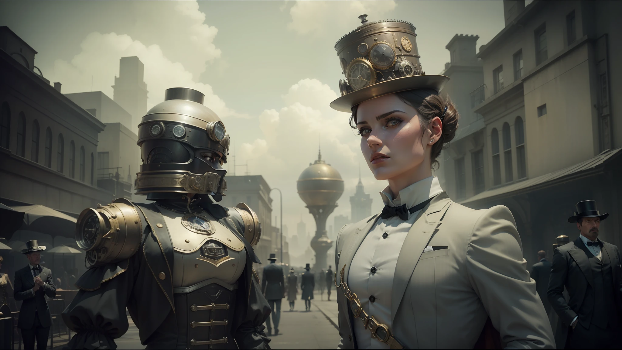 there is a woman in a helmet and a man in a suit, steampunk city on the background, black and white cinematography, automaton, promotional render, roger deakin ’ s cinematography, premiere, passengers, black top hat, cgi rendering --auto --s2