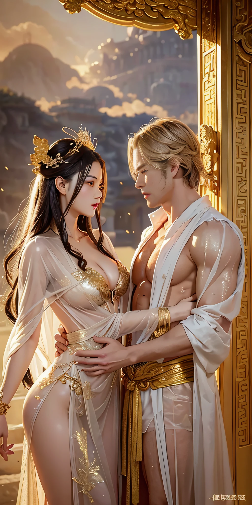 (couple cuddling) rough man Zeus muscles naked, beautiful, sexy, bare breast, cleavage, bare legs, see-through, standing, hanfu, wet, clear, realistic, supreme detail, Chinese mythology, dragon pattern, phoenix, sacred, holy, golden mountains, heavenly palace, countless palaces, clouds, golden light
