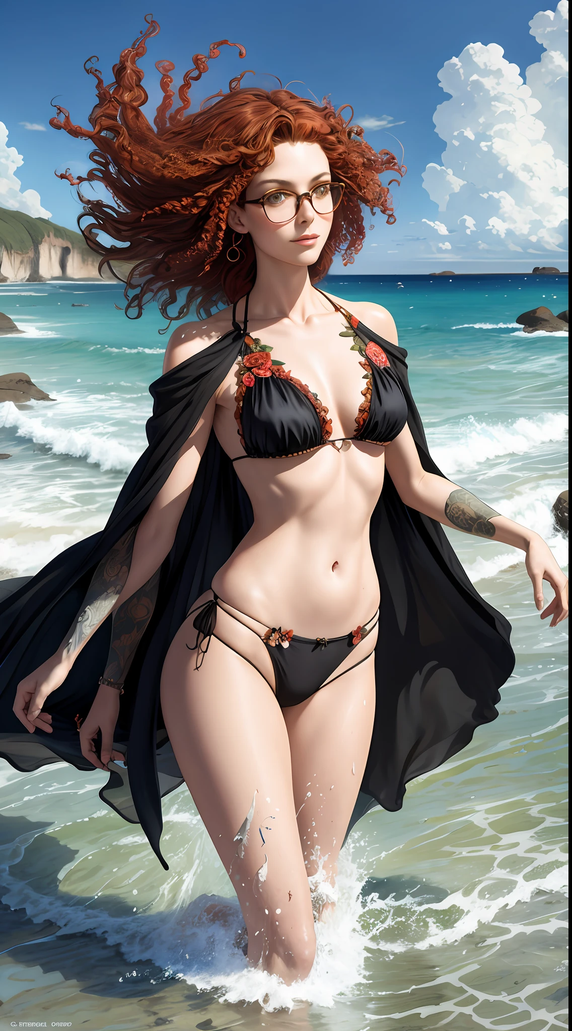 Girl on the beach, black bikini with floral patterns, red curly hair, glasses, full-length, whole body, female body aesthetics, beautiful figure, beautiful young face, standing, looking at the camera, transparent silk cape, transparent silk skirt, sun, bright day, waves, splashing water, very bright lighting, high waves, many details, ultra detailing, like a painting by an old artist, expressive manner, style of Ron P. Barton, epic cinematic detailed maximalist digital matte drawing breathtaking style of Jean Baptiste Monge, Brian Kez