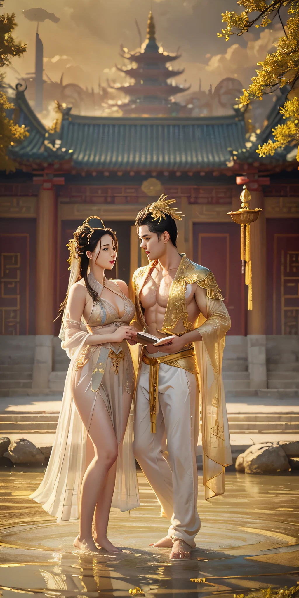 (couple cuddling) rough man Zeus muscles naked, beautiful, sexy, bare breasts, cleavage, bare legs, see-through, standing, hanfu, wet, clear, realistic, highest detail, Chinese mythology, dragon pattern, phoenix, sacred, holy, golden mountains, heavenly palaces, countless palaces, clouds, golden light, golden lotus