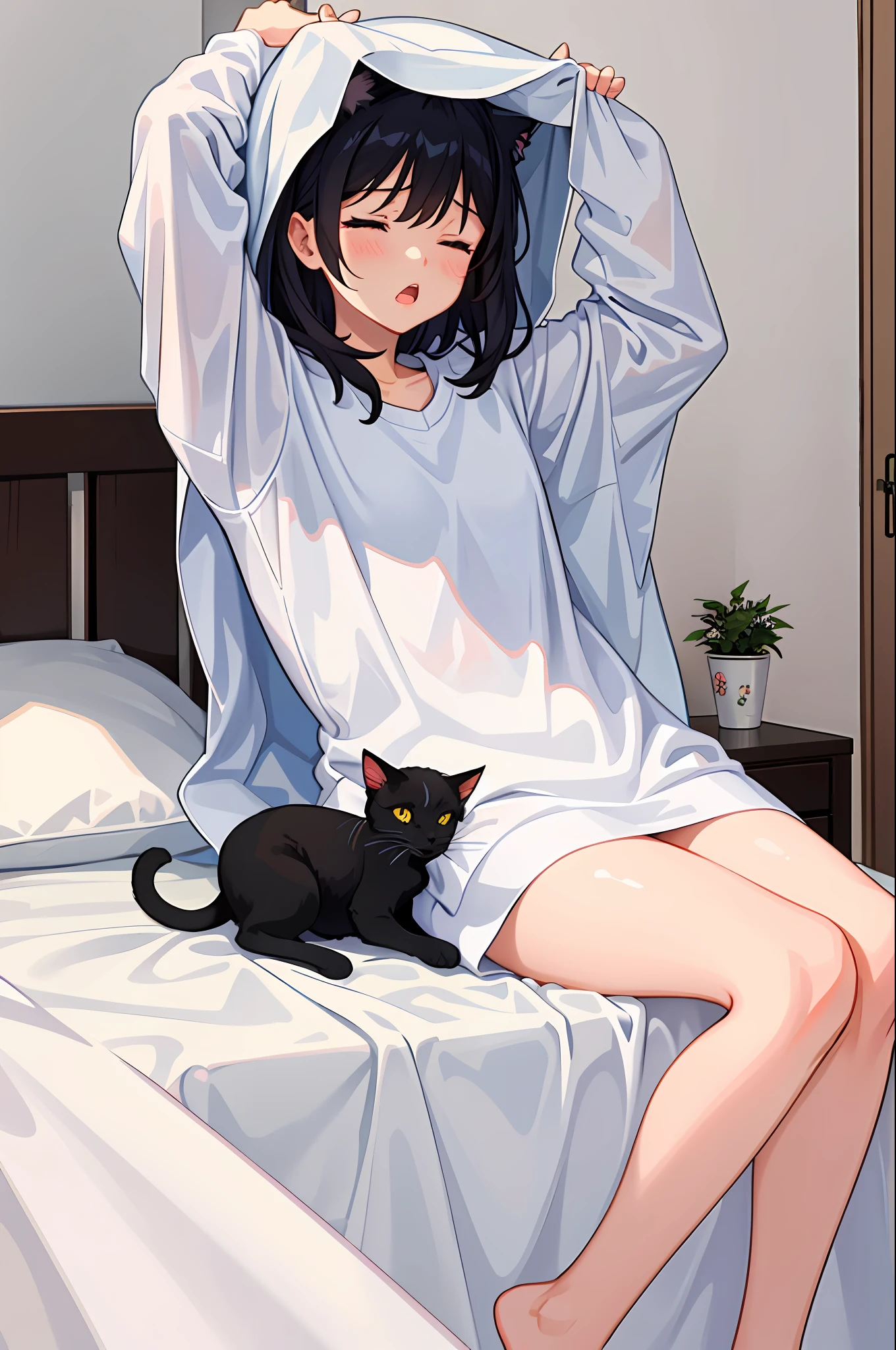 1girl, under covers, Wake up, stretching, Closed eyes, yawning, In the room, cat,