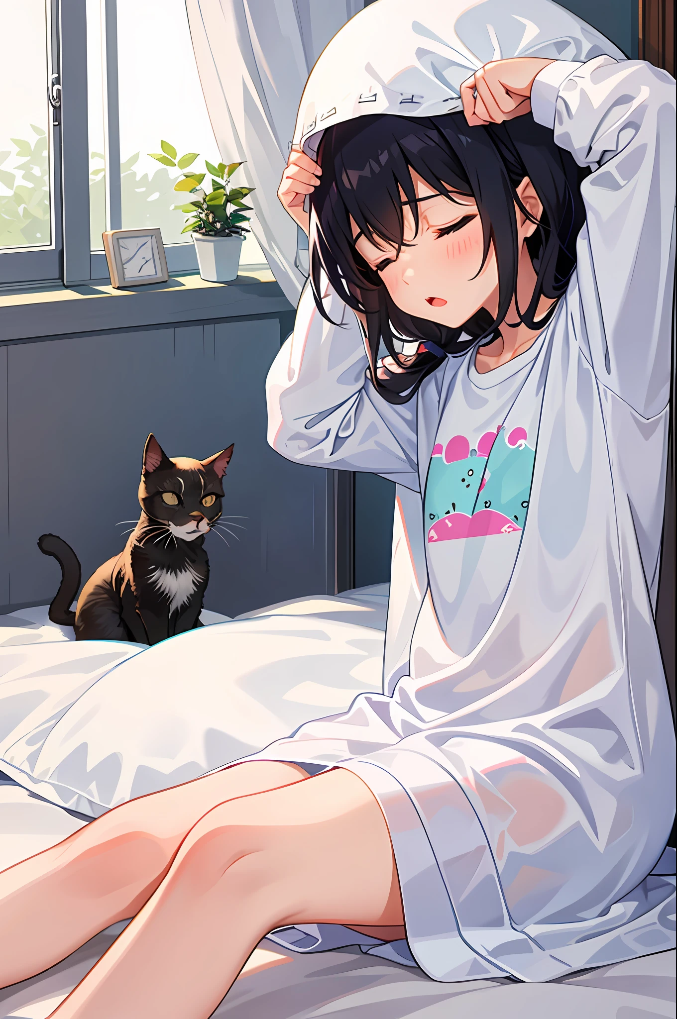 1girl, under covers, Wake up, stretching, Closed eyes, yawning, In the room, cat,