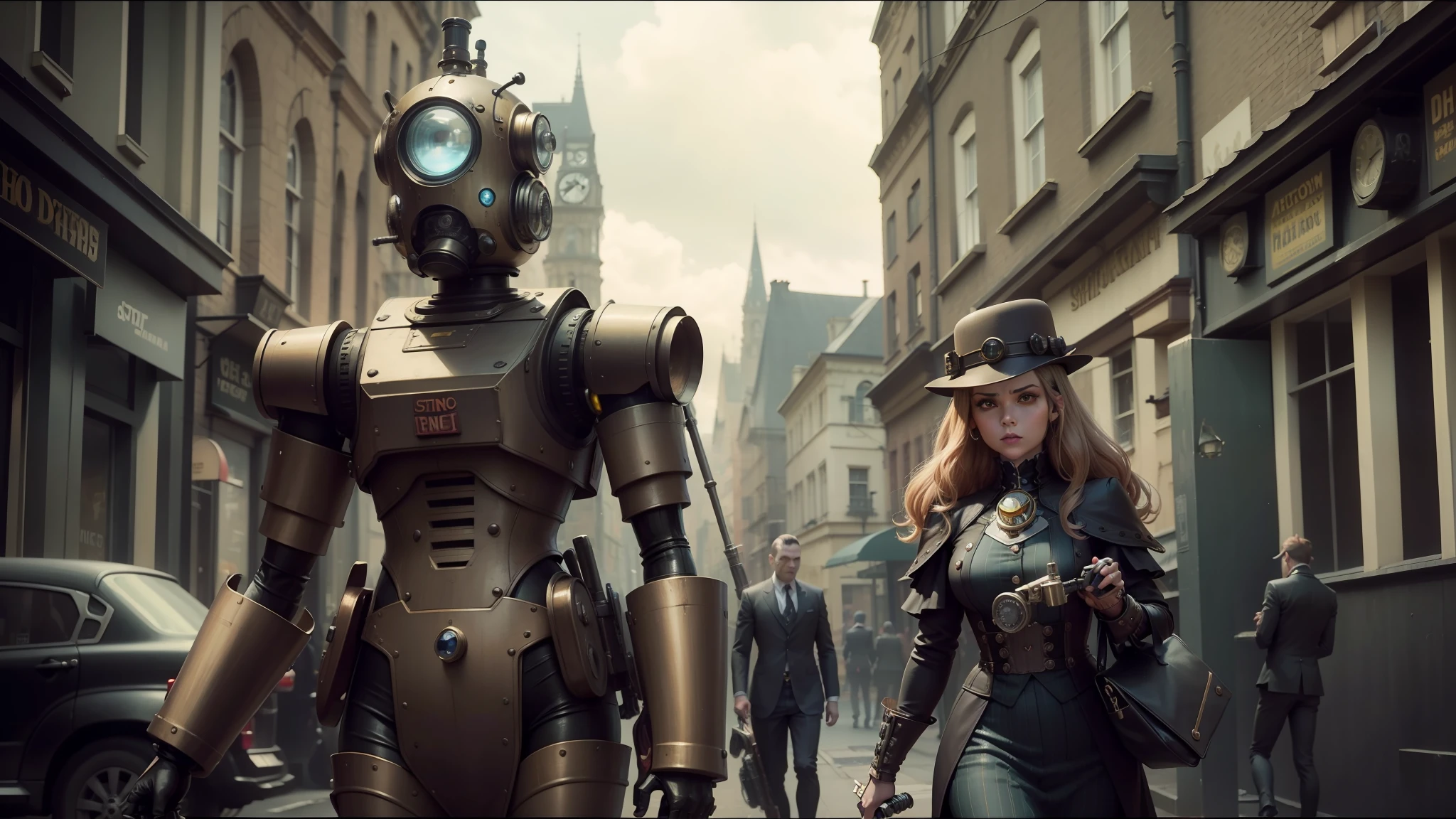 there is a woman walking down the street with a robot, victorian steampunk mega city, film still from sin city, inspired by John Thomson of Duddingston, andreas franke, anthropomorphic robot [ thing ], raygun gothic, copper pipers, 2 0 1 5 live music video, tin type, concept art 8 k resolution, anime cosplay, detective pikachu --auto --s2
