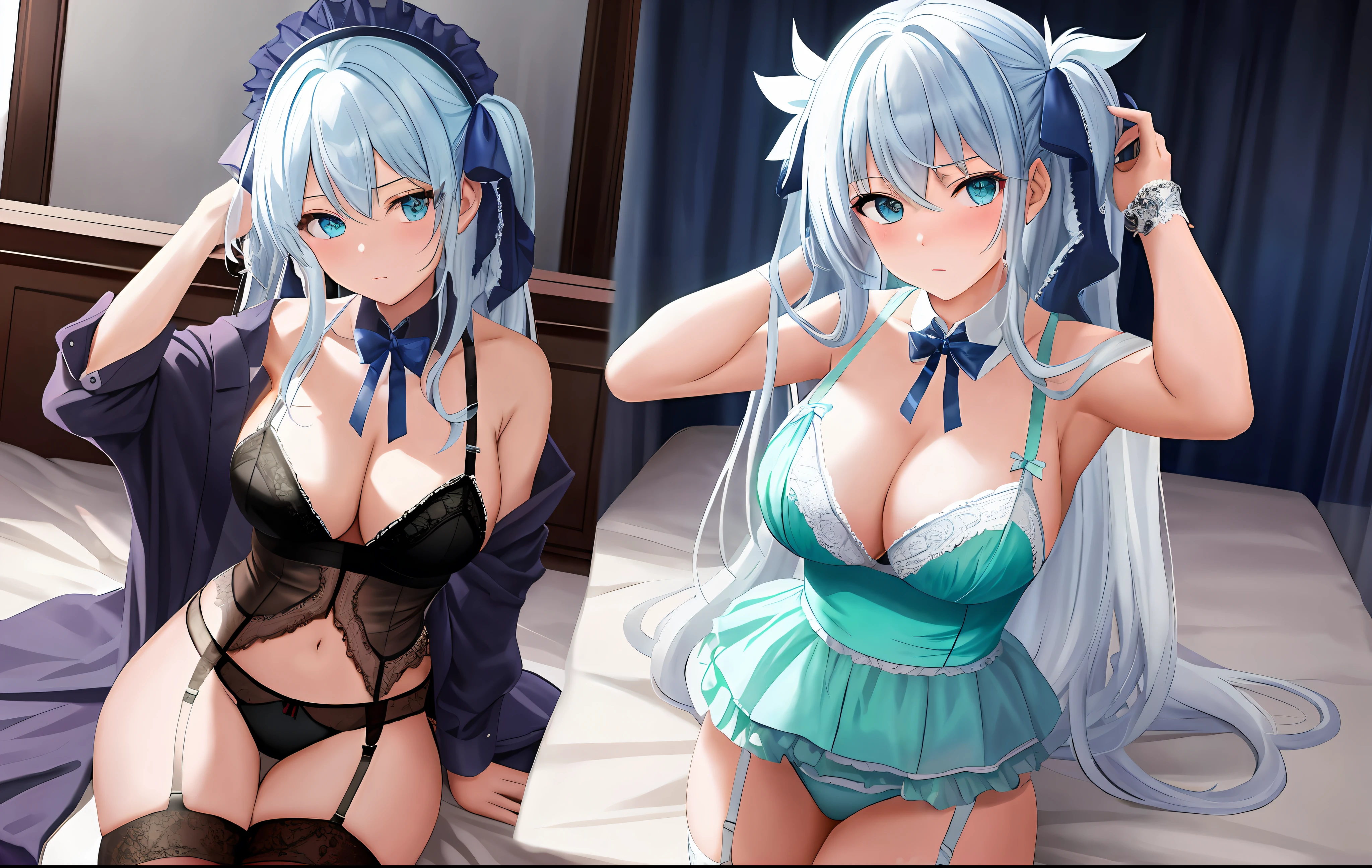masterpiece, best quality, 1girl, looking at viewer, hair between eyes, aqua eyes, white hair, long hair, hair ribbon, lingerie, garter straps, garter belt, cleavage, bra, underwear, on back, on bed, cowboy shot, arms behind head, armpits, from above, embarrassed, blush,