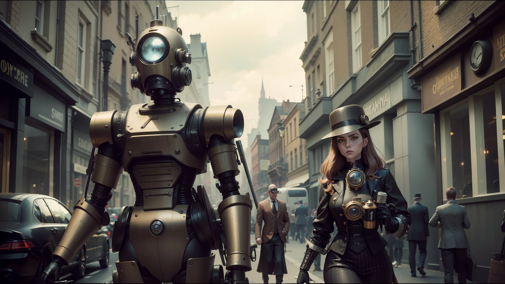 there is a woman walking down the street with a robot, victorian steampunk mega city, film still from sin city, inspired by John Thomson of Duddingston, andreas franke, anthropomorphic robot [ thing ], raygun gothic, copper pipers, 2 0 1 5 live music video, tin type, concept art 8 k resolution, anime cosplay, detective pikachu --auto --s2