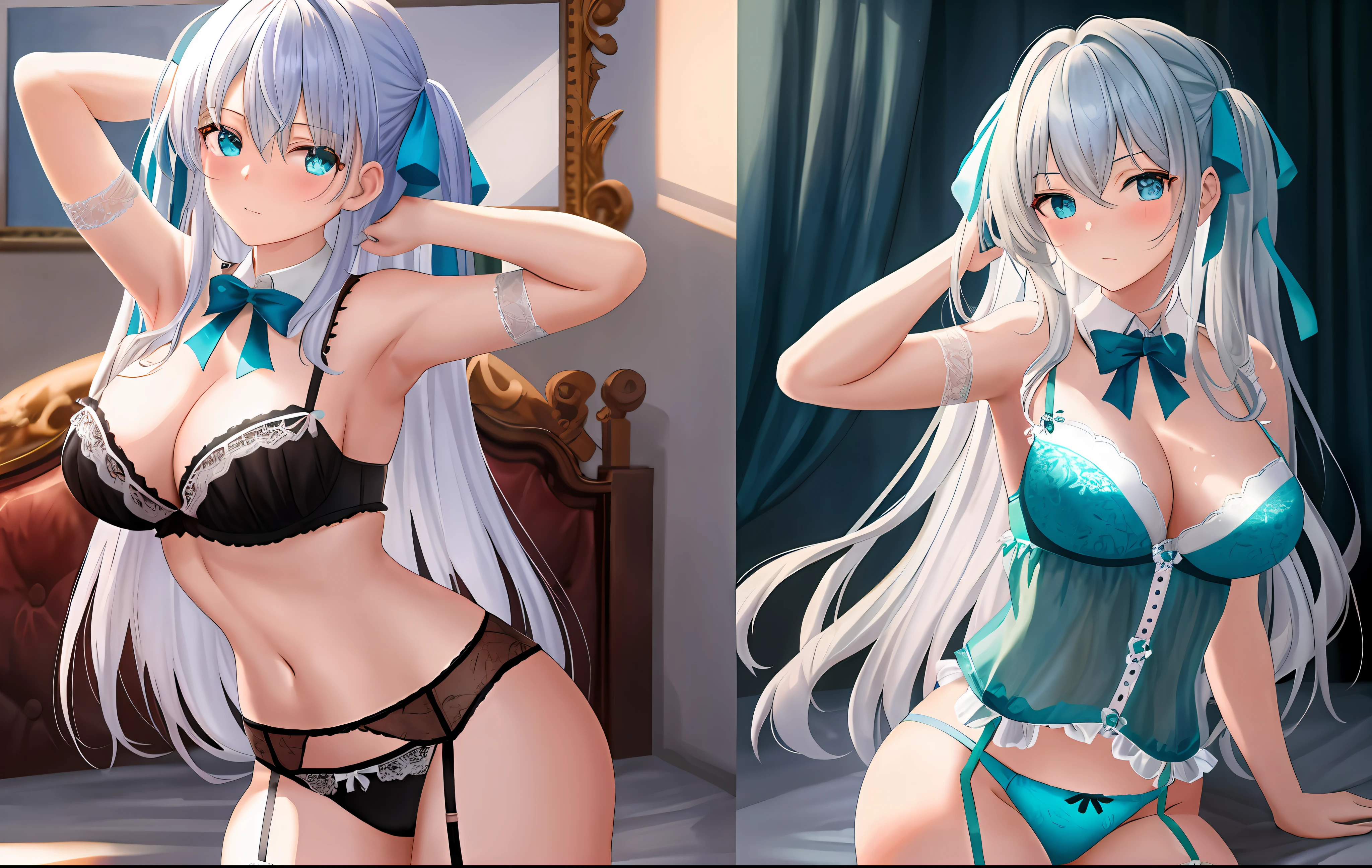 masterpiece, best quality, 1girl, looking at viewer, hair between eyes, aqua eyes, white hair, long hair, hair ribbon, lingerie, garter straps, garter belt, cleavage, bra, underwear, on back, on bed, cowboy shot, arms behind head, armpits, from above, embarrassed, blush,