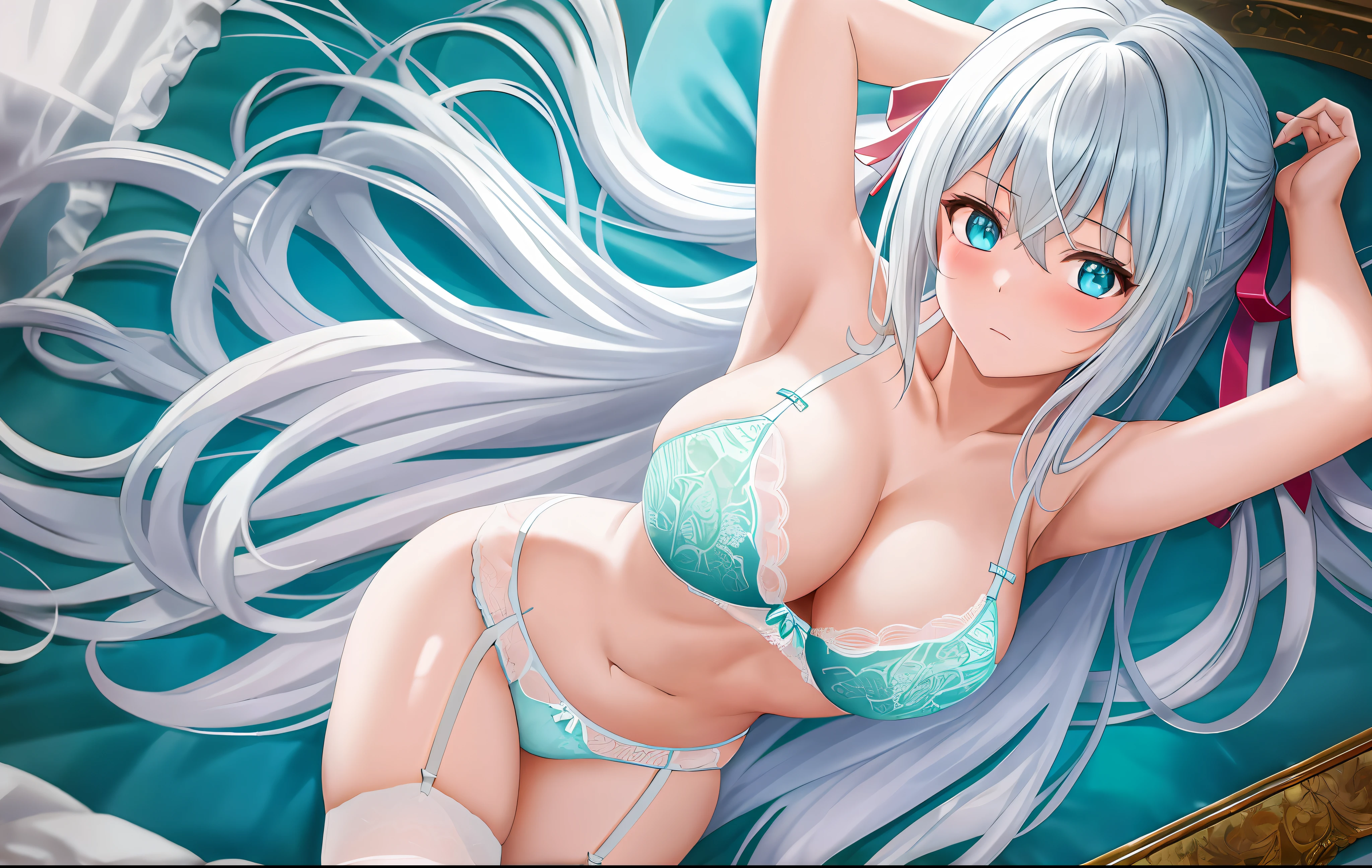masterpiece, best quality, 1girl, looking at viewer, hair between eyes, aqua eyes, white hair, long hair, hair ribbon, lingerie, garter straps, garter belt, cleavage, bra, underwear, on back, on bed, cowboy shot, arms behind head, armpits, from above, embarrassed, blush,