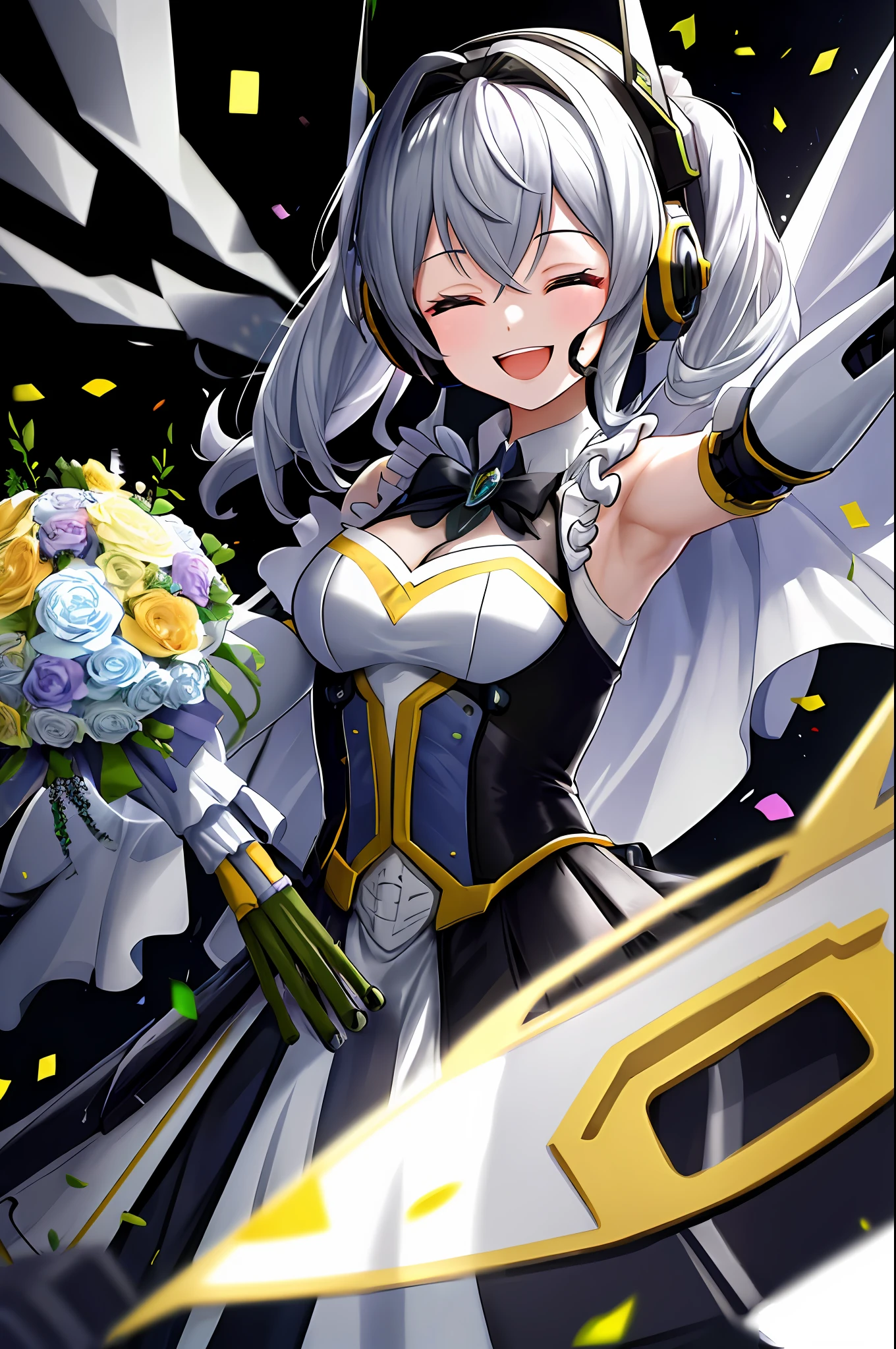 absurdres, very precise detailed, extremely detailed 8K wallpaper,happy, smile, Close eyes, open mouth, (mechanical girl),(mechanical joints),(mechanical limbs),(headgear),(headset), BREAK,(holding a bouquet:1.5), celebration, confetti, sleeveless,