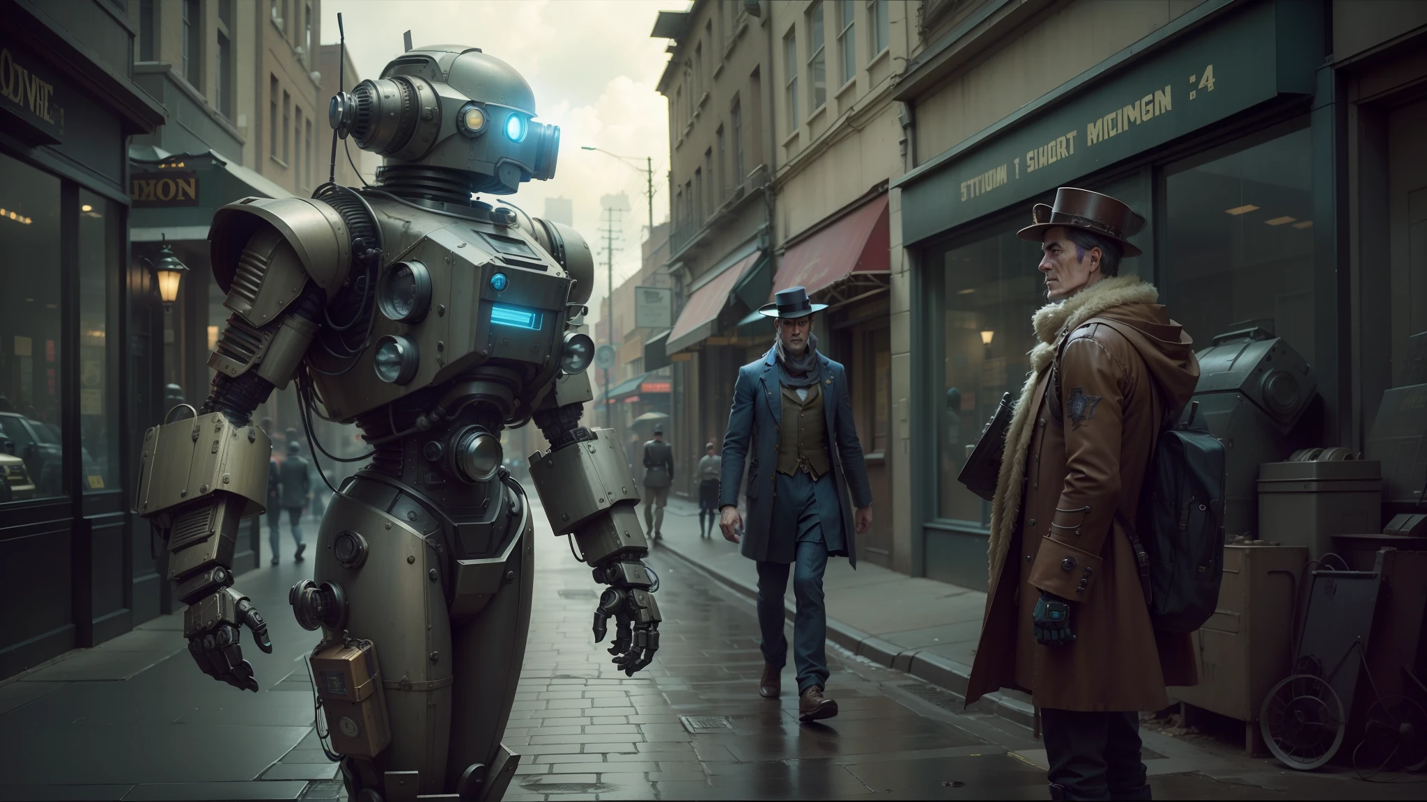 there is a robot that is standing on the street, cinematic colour grading, digital steampunk art, 2 4 mm anamorphic lens, jonny duddle and jim kay, still image from the movie, with two characters, promotional photograph, by Thomas Fogarty, 2 0 1 4. modern attire, denizens, by David B. Mattingly --auto --s2