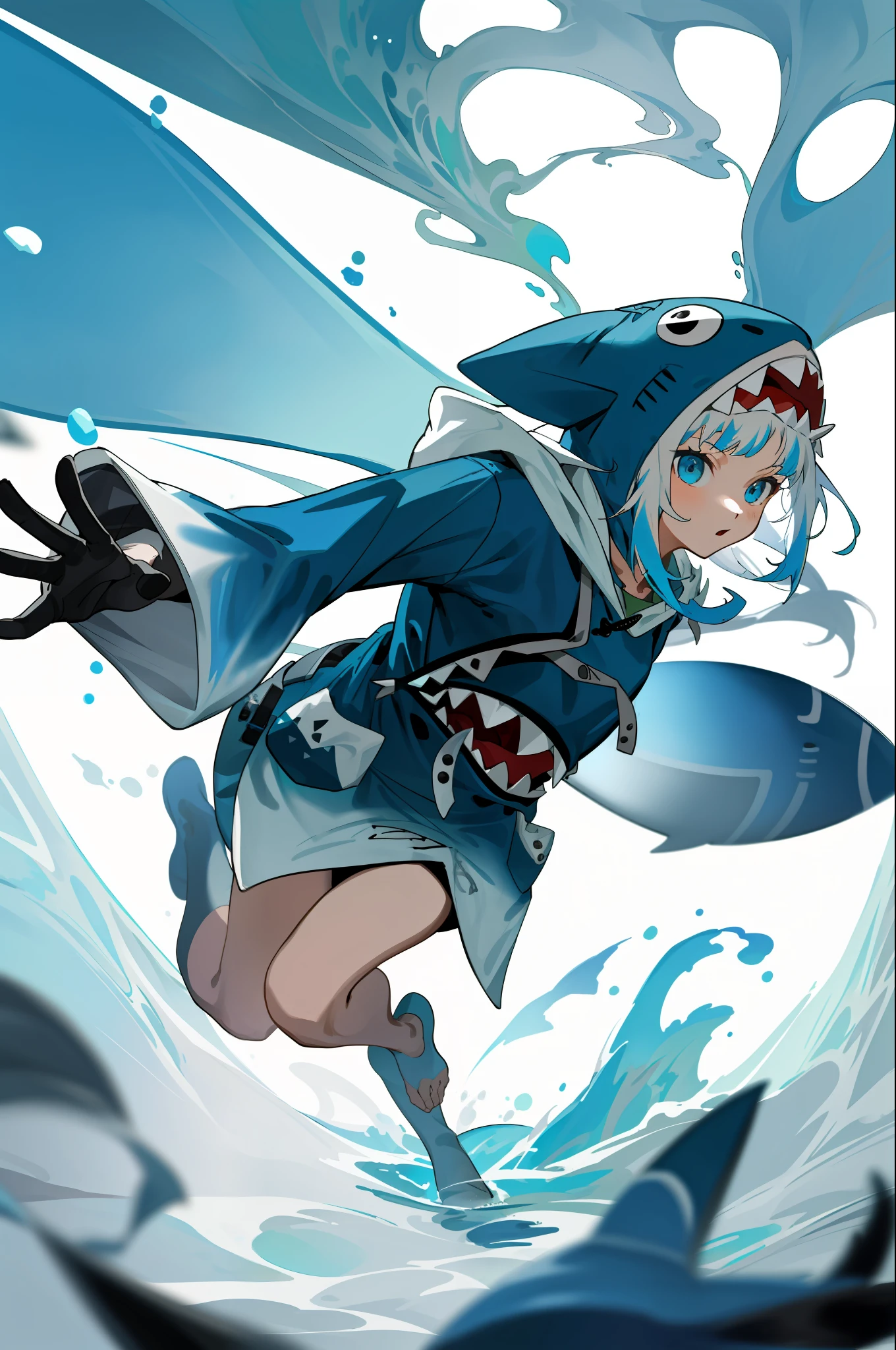 Masterpiece, highres, 1girl, full pose, gawr gura, blue hoodie, shark hood, dynamic pose, floaty pose, splash art