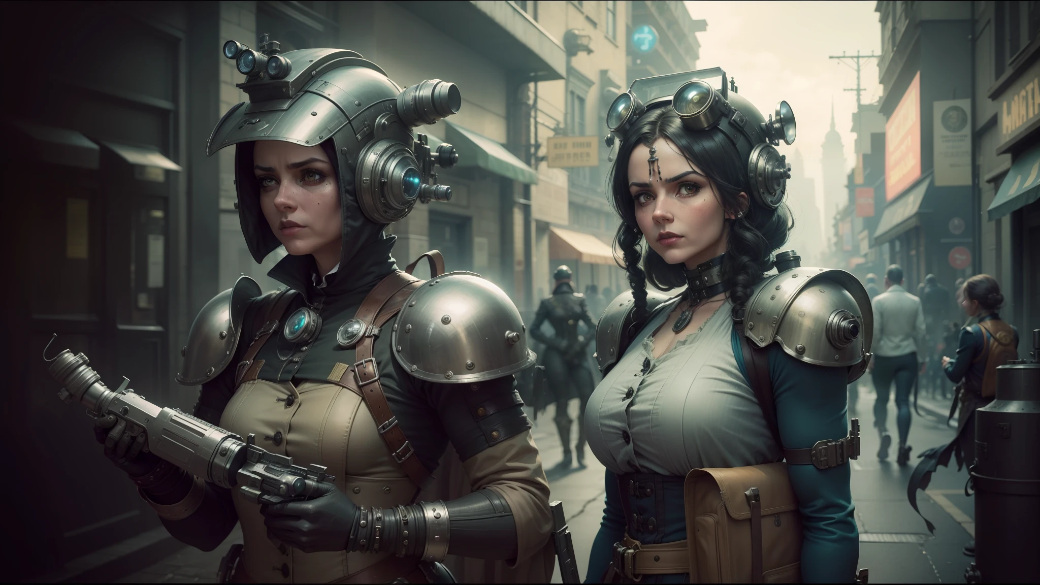 there are two women dressed in costumes standing on a street, inspired victorian sci - fi, detailed cinematic photography, characters from machinarium, youtube thumbnail, urban patrol, muscular warrior women, cinematic lens, hydropunk, workers, terminals --auto --s2