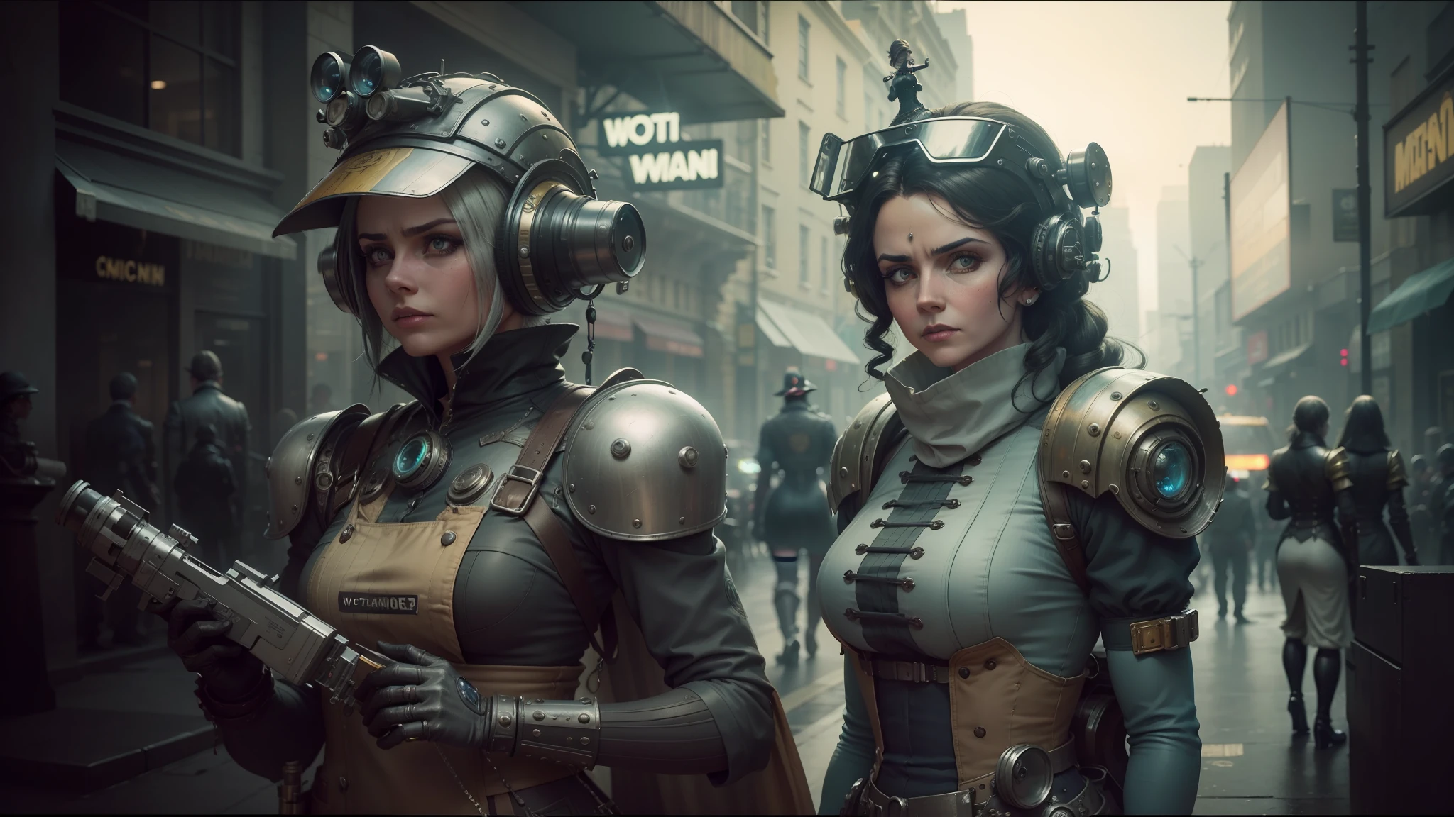 there are two women dressed in costumes standing on a street, inspired victorian sci - fi, detailed cinematic photography, characters from machinarium, youtube thumbnail, urban patrol, muscular warrior women, cinematic lens, hydropunk, workers, terminals --auto --s2