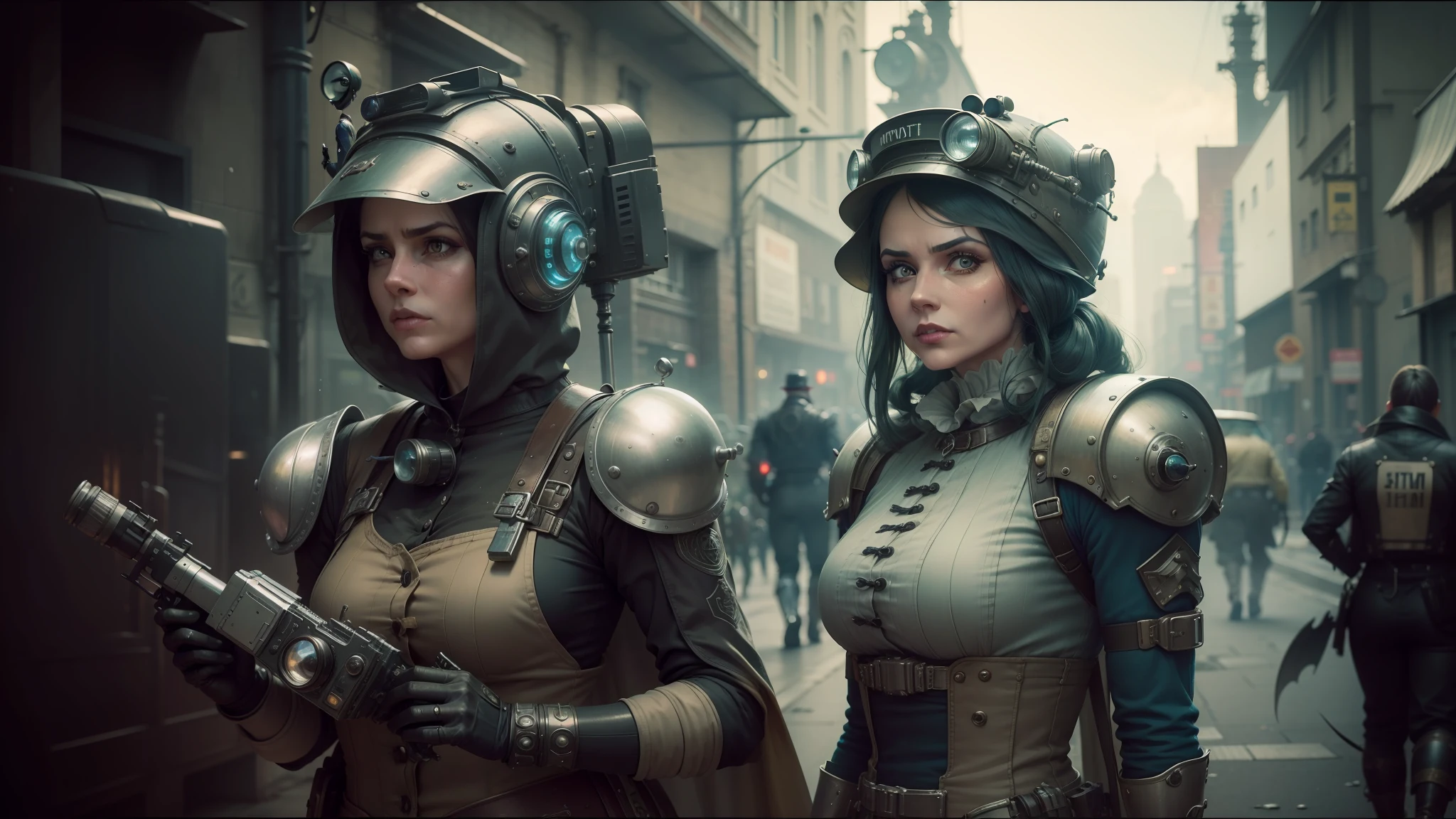 there are two women dressed in costumes standing on a street, inspired victorian sci - fi, detailed cinematic photography, characters from machinarium, youtube thumbnail, urban patrol, muscular warrior women, cinematic lens, hydropunk, workers, terminals --auto --s2