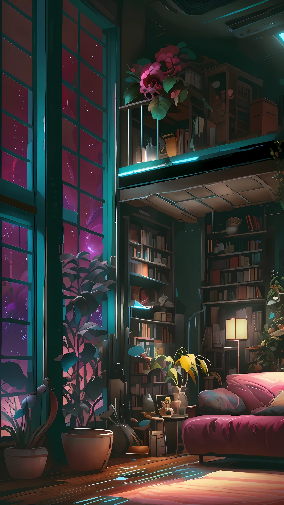 a dimly lit room with a couch and a book shelf, anime background art, lofi artstyle, library background, anime background, alchemist library background, lofi art, anime aesthetic, background artwork, gloomy library, anime art wallpaper 4 k, anime art wallpaper 4k, colorful anime movie background, cozy wallpaper, interior background art, 8k high quality detailed art, BioPunkAI