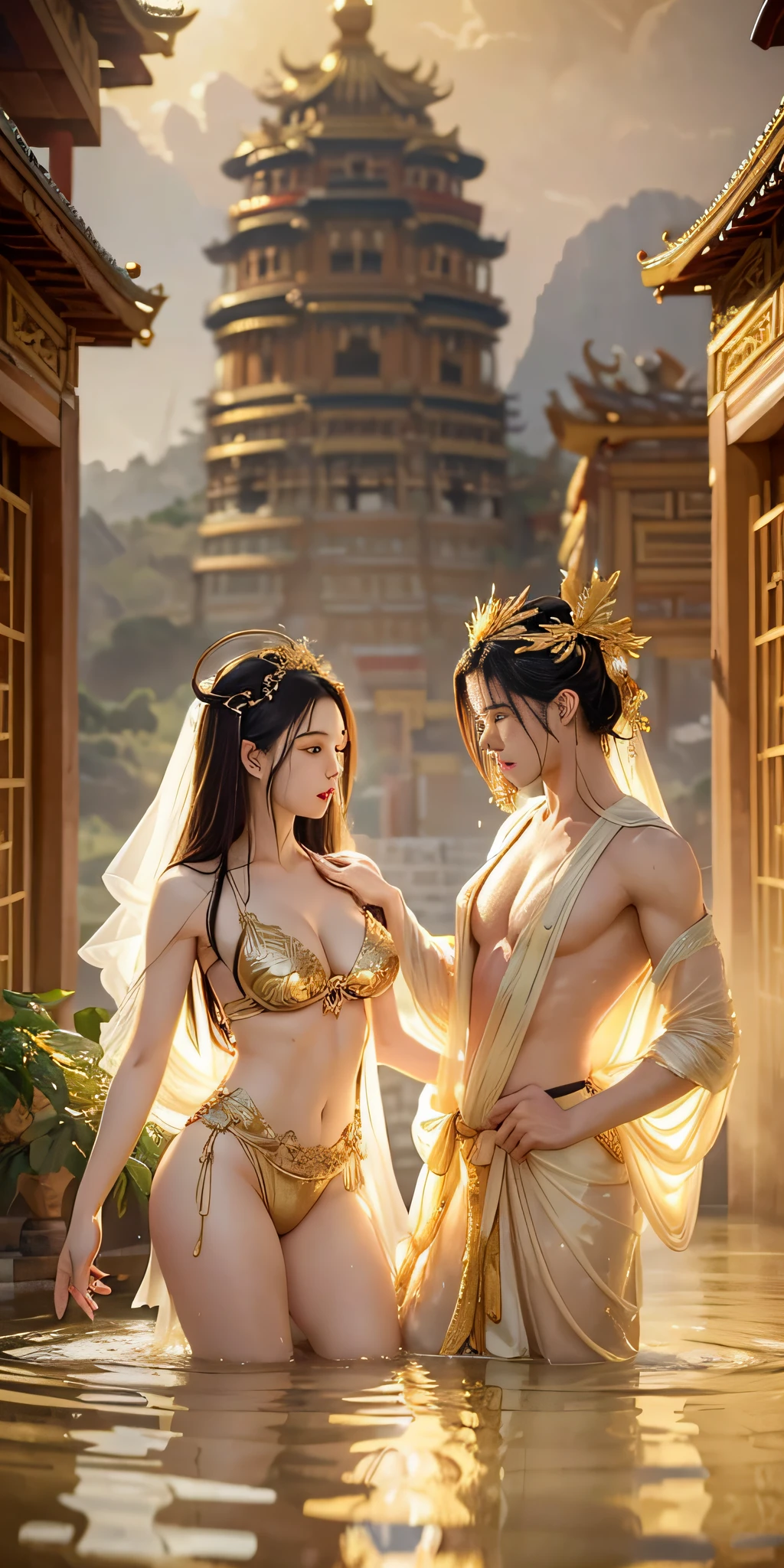(couple cuddling) rough man Zeus muscles naked, beauty, sexy, bare breasts, cleavage, bare legs, see-through, standing, hanfu, wet, clear, realistic, highest detail, Chinese mythology, dragon pattern, phoenix, sacred, holy, golden mountains, heavenly palace, countless palaces, clouds, golden light, golden lotus, (tianchi bath)