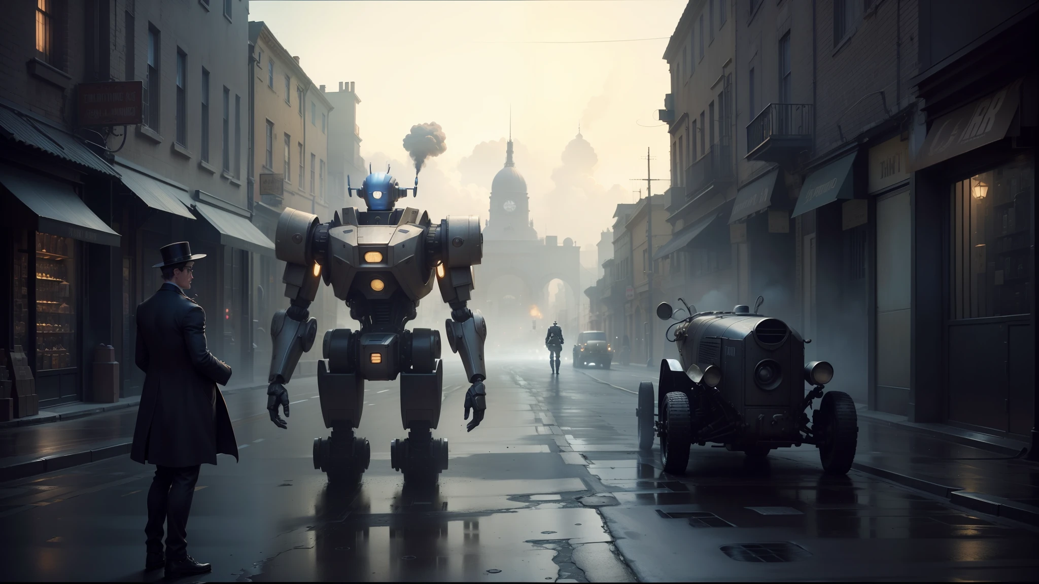 there is a robot standing in the middle of a street, film still promotional image, mark brooks and brad kunkle, gunpowder smoke, pierre pellegrini and ash thorp, inspired by Robert Fawcett, syndicate(2012), dreadnought, 2 0 s --auto --s2