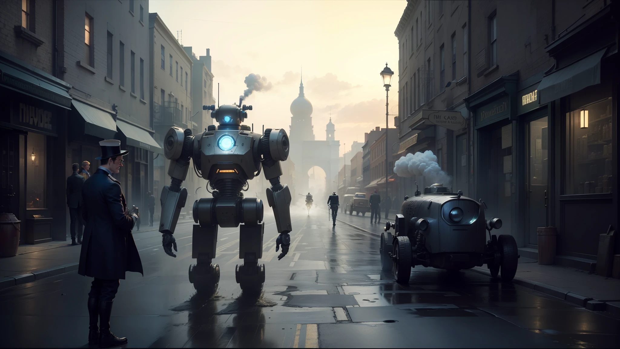 there is a robot standing in the middle of a street, film still promotional image, mark brooks and brad kunkle, gunpowder smoke, pierre pellegrini and ash thorp, inspired by Robert Fawcett, syndicate(2012), dreadnought, 2 0 s --auto --s2