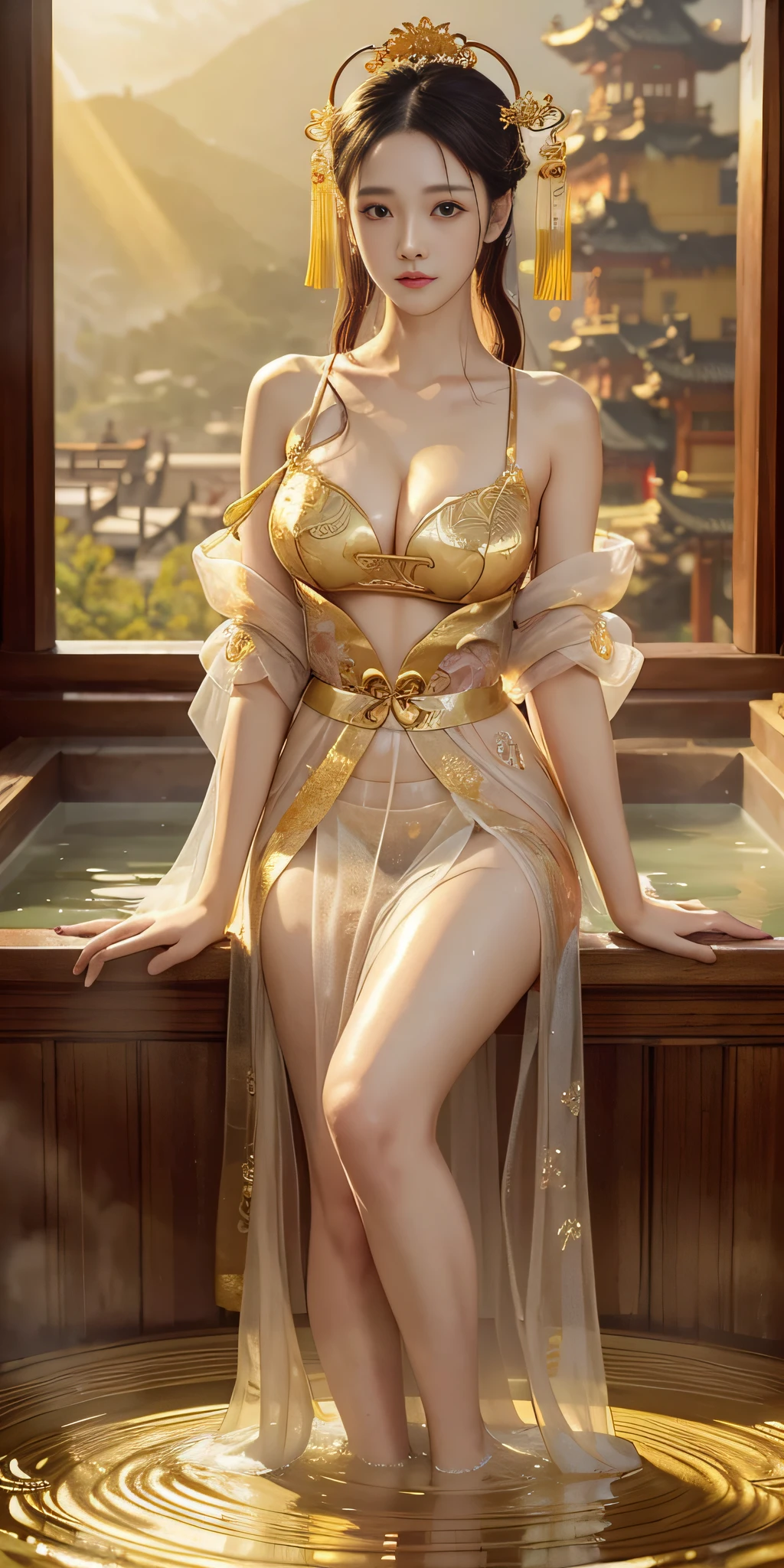 Beauty, sexy, bare breast, cleavage, bare legs, see-through, standing, hanfu, wet, clear, realistic, highest detail, Chinese mythology, dragon pattern, phoenix, sacred, holy, golden mountains, heavenly palace, countless palaces, clouds, golden light, golden lotus, (tianchi bath)