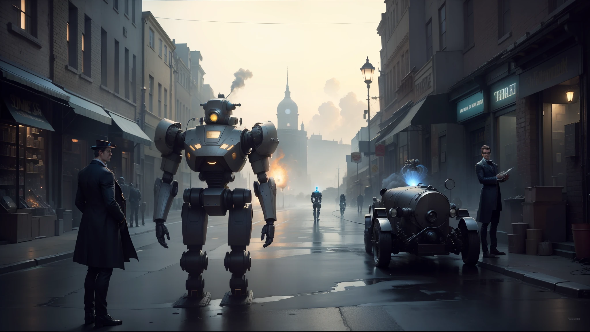 there is a robot standing in the middle of a street, film still promotional image, mark brooks and brad kunkle, gunpowder smoke, pierre pellegrini and ash thorp, inspired by Robert Fawcett, syndicate(2012), dreadnought, 2 0 s --auto --s2