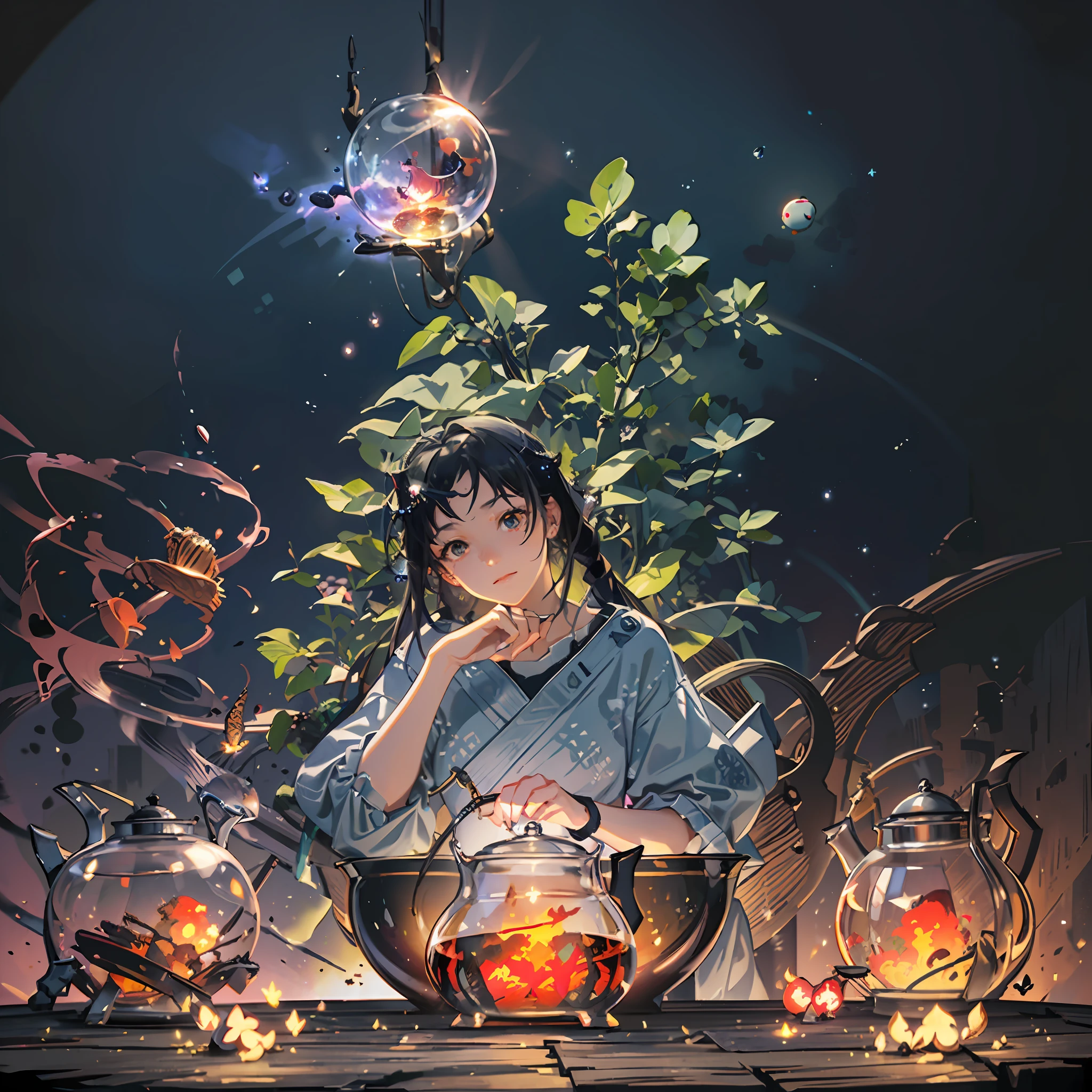 Computer, Extensive landscape ultrasound photography glass teapot, flowers, fire, fly agarics, fireflies (general view, which shows a teapot with butterflies, soap bubbles), inside the kettle sea (ultradetailed), full moon, (detailed), firefly (detailed), night night, reflection of the moon, (1:3), fireflies (1:3), BREAK production art, (cold light source:1.2), (Firefly:1.2), purple, fire particles, colors, complex details, volumetric lighting, realistic fantasy BREAK (masterpiece:1.2), (Best Quality), 4K, Ultra Detailed, (Dynamic Composition: 1.4), High Detailed, Colorful Details, (Gloomy Colors: 1.2), (Luminous Lighting, Atmospheric Lighting), Gloomy, Dark, Magical --auto --s2