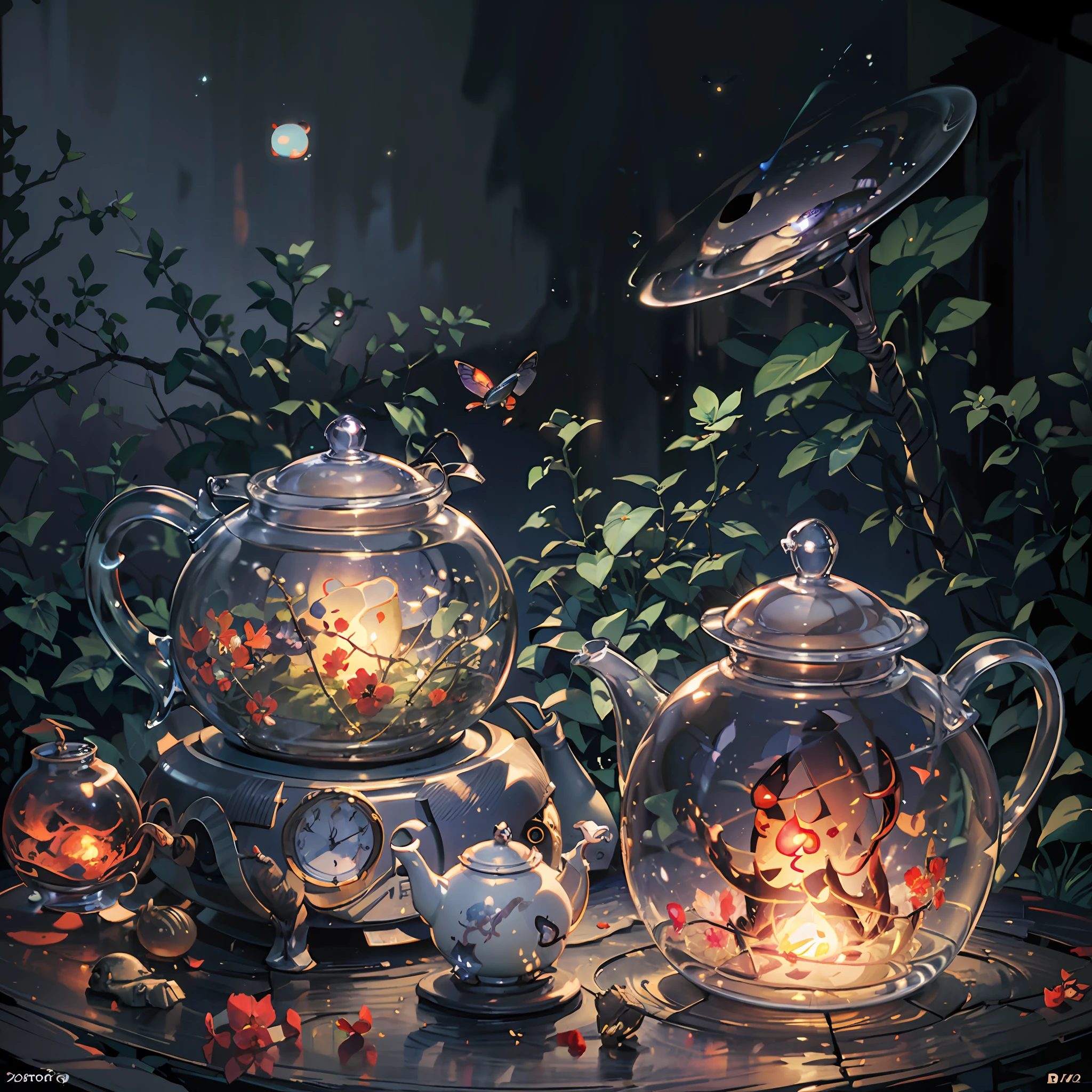 Computer, Extensive landscape ultrasound photography glass teapot, flowers, fire, fly agarics, fireflies (general view, which shows a teapot with butterflies, soap bubbles), inside the kettle sea (ultradetailed), full moon, (detailed), firefly (detailed), night night, reflection of the moon, (1:3), fireflies (1:3), BREAK production art, (cold light source:1.2), (Firefly:1.2), purple, fire particles, colors, complex details, volumetric lighting, realistic fantasy BREAK (masterpiece:1.2),  (Best Quality), 4K, Ultra Detailed, (Dynamic Composition: 1.4), High Detailed, Colorful Details, (Gloomy Colors: 1.2), (Luminous Lighting, Atmospheric Lighting), Gloomy, Dark, Magical --auto --s2