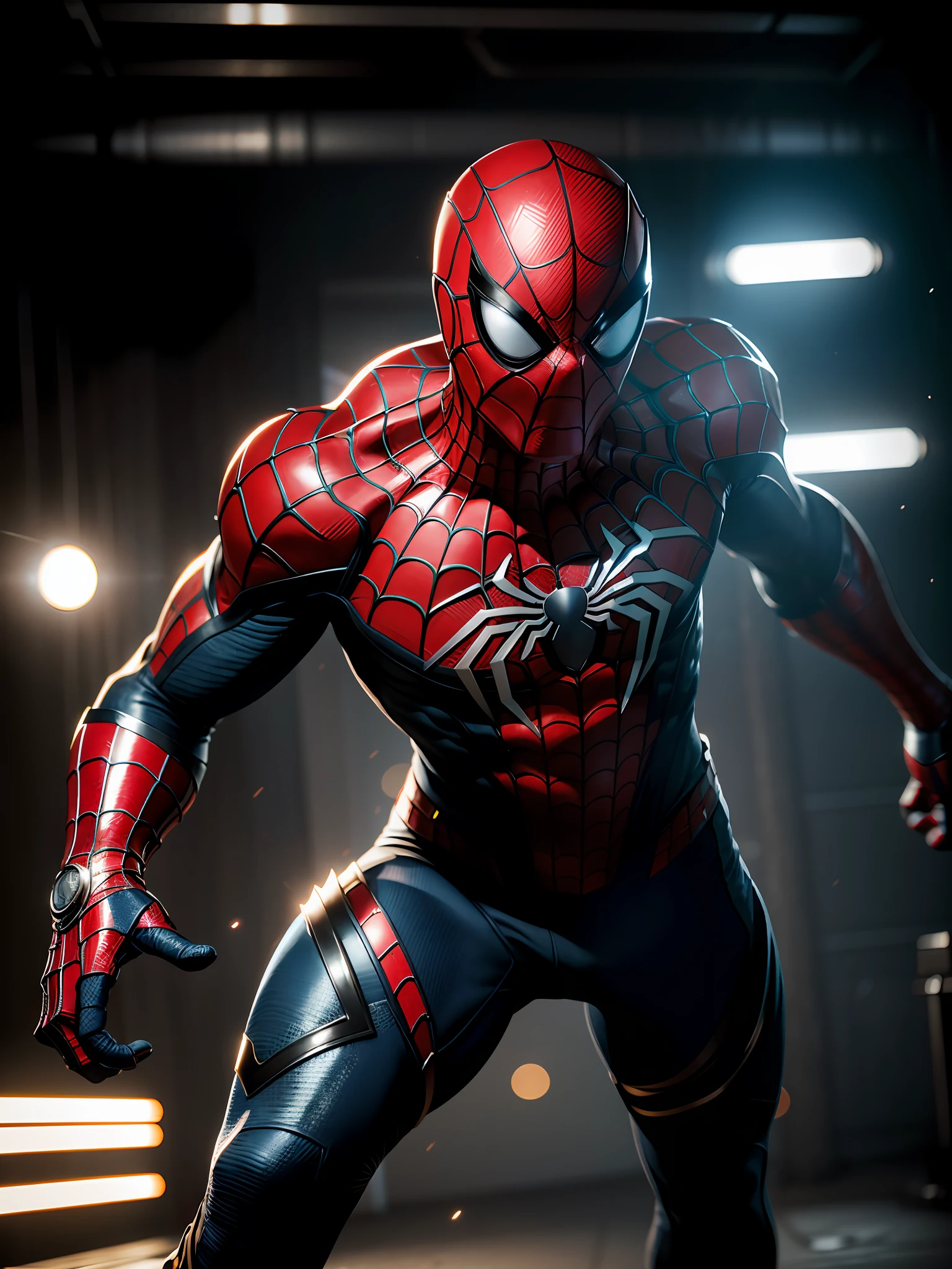 (8k, foto RAW, melhor qualidade, obra-prima: 1.2), ultra detalhado, arte oficial, foto-realista: 1.37, Movie scene, Spider-Man from Marvel close-up shot, distorted space, distorted undead in the background, lens flares, light shafts, intricate details, highly detailed, volumetric lighting, 4k rendering, stock photo, hyper-realistic, realistic textures, dramatic lighting, Unreal Engine