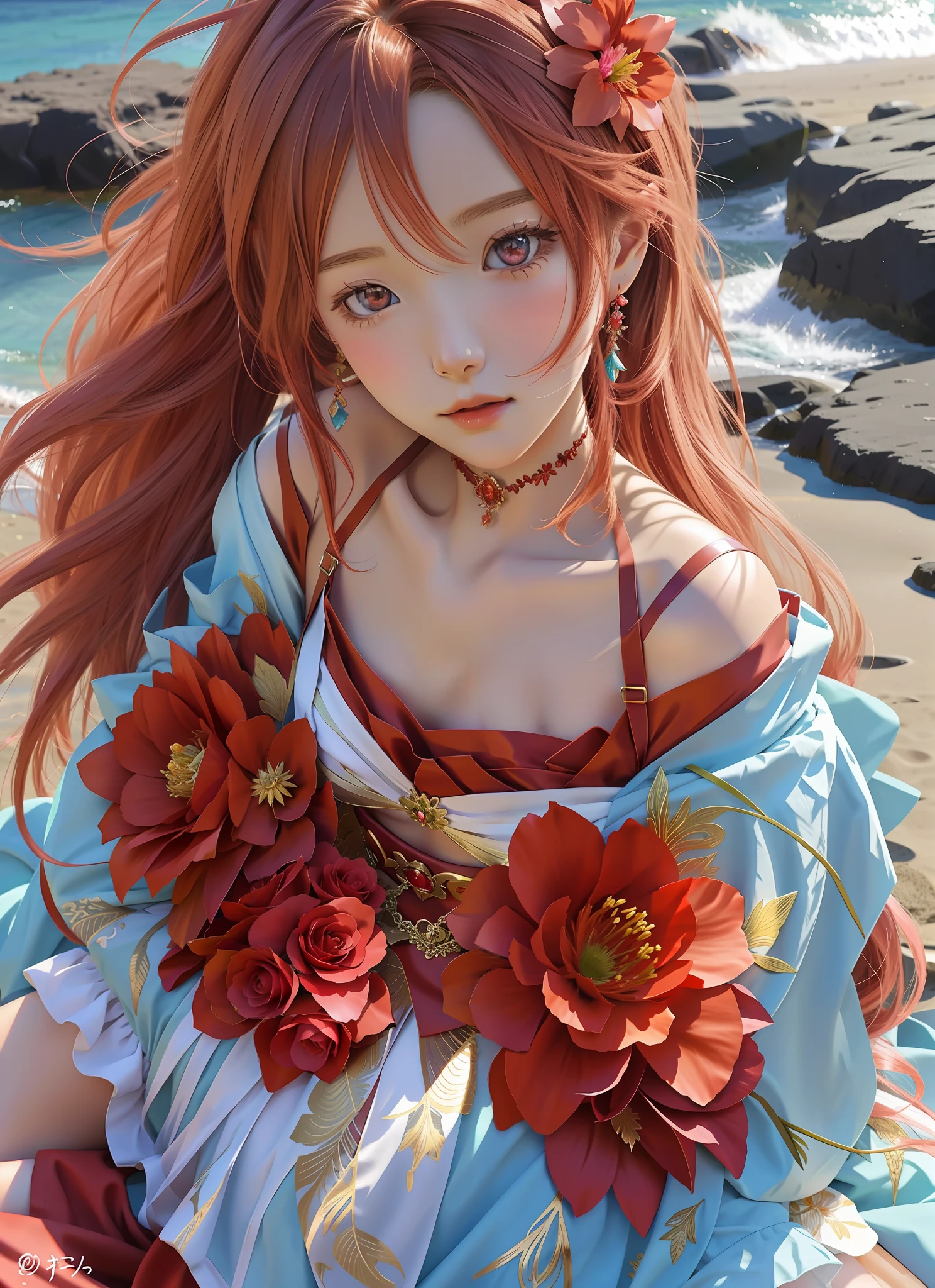 Anime girl with red flower in her hair on the beach, detailed digital anime art, anime goddess, digital anime illustration, , beautiful seductive anime woman, beautiful anime girl, beautiful anime woman, Alphonse Mucha and Rosla, digital anime art, beautiful girl, anime style 4 K, anime art wallpaper 8 K, beautiful anime art style, beautiful anime portrait, reality, real person