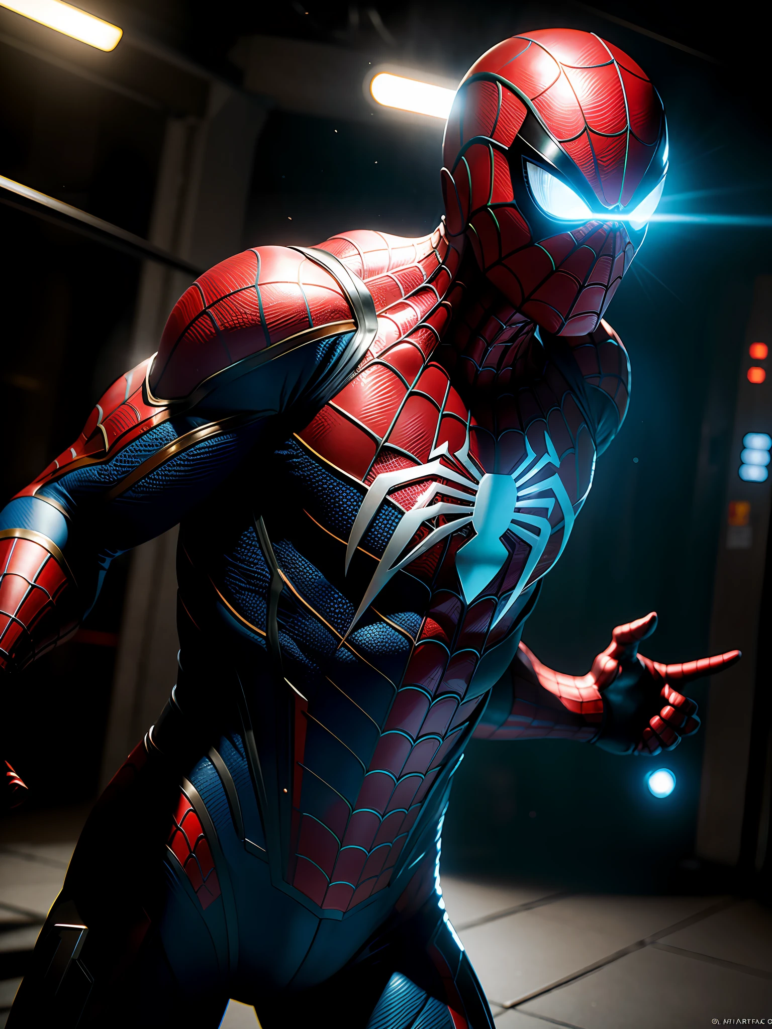 (8k, foto RAW, melhor qualidade, obra-prima: 1.2), ultra detalhado, arte oficial, foto-realista: 1.37, Movie scene, Spider-Man from Marvel close-up shot, distorted space, distorted undead in the background, lens flares, light shafts, intricate details, highly detailed, volumetric lighting, 4k rendering, stock photo, hyper-realistic, realistic textures, dramatic lighting, Unreal Engine