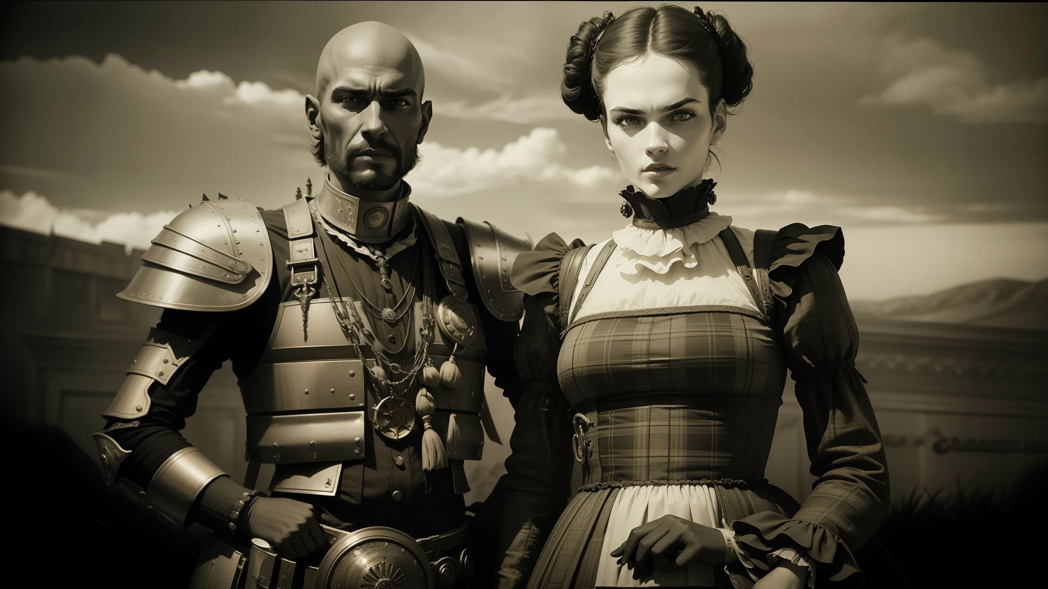 there are two people dressed in costumes standing next to each other, inspired victorian sci - fi, hugh kretschmer, tartan garment, wearing ornate armor, daguerreotype photograph, 2009 cinematography, cinematic widescreen shot, black and white color photograph, fine art fashion photography, cgsociety!, mad max style, scottish folklore, kenny mcbride --auto --s2