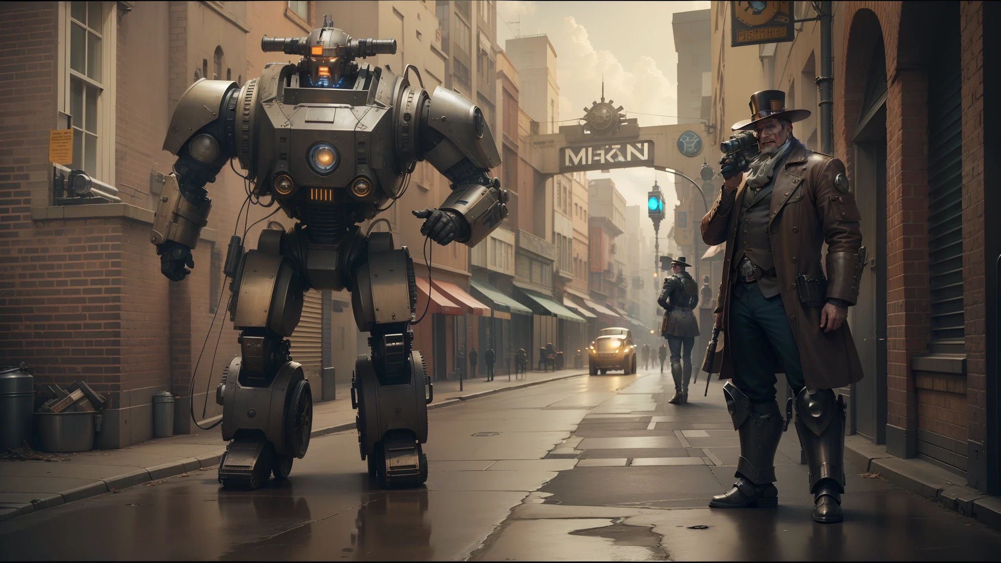 there is a man standing next to a robot on a street, symmetrical dieselpunk warrior, vfx film, steampunk hat, mark miner, hyper realistic sci fi realistic, an english man, imperious size, chappie, with anamorphic lenses, clockwork woman --auto --s2