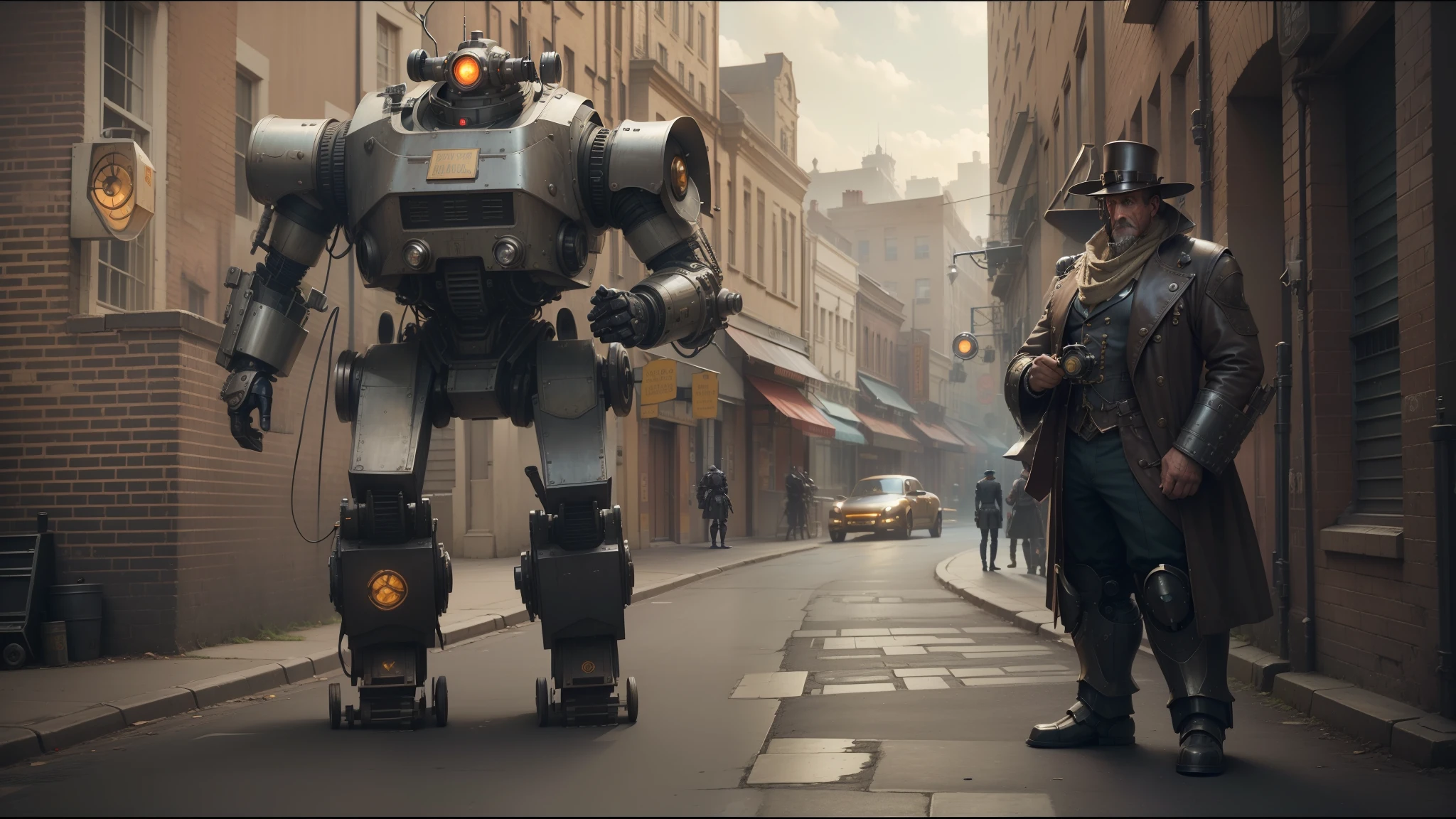 there is a man standing next to a robot on a street, symmetrical dieselpunk warrior, vfx film, steampunk hat, mark miner, hyper realistic sci fi realistic, an english man, imperious size, chappie, with anamorphic lenses, clockwork woman --auto --s2