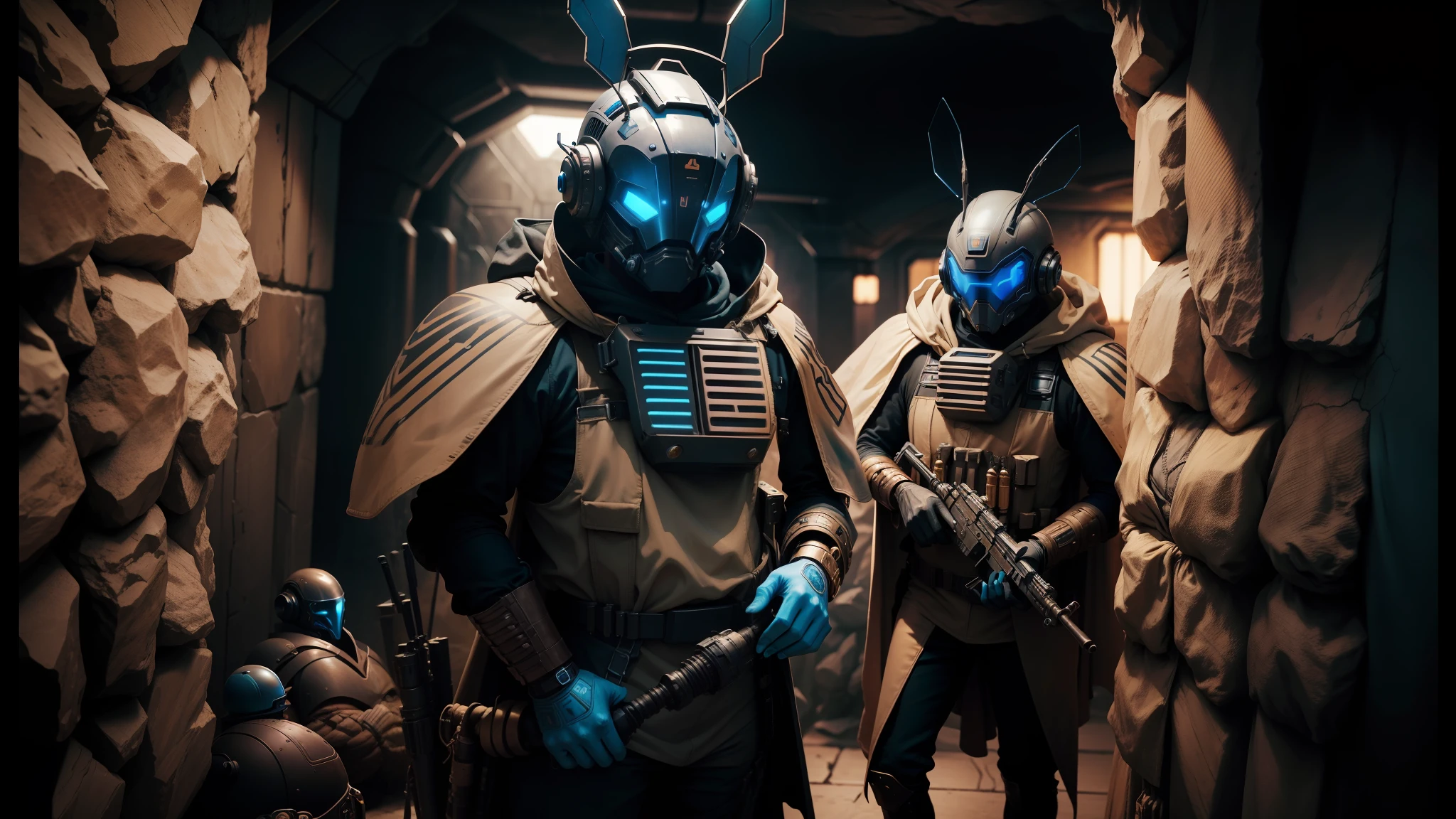they are dressed in costumes of alien men and aliens, film still from dune 2020, steampunk insect, by Vladimír Vašíček, star wars cavern interior, promotional material, miners, wētā fx, brown and cyan blue color scheme, grimdark steampunk fantasy, soldiers --auto --s2