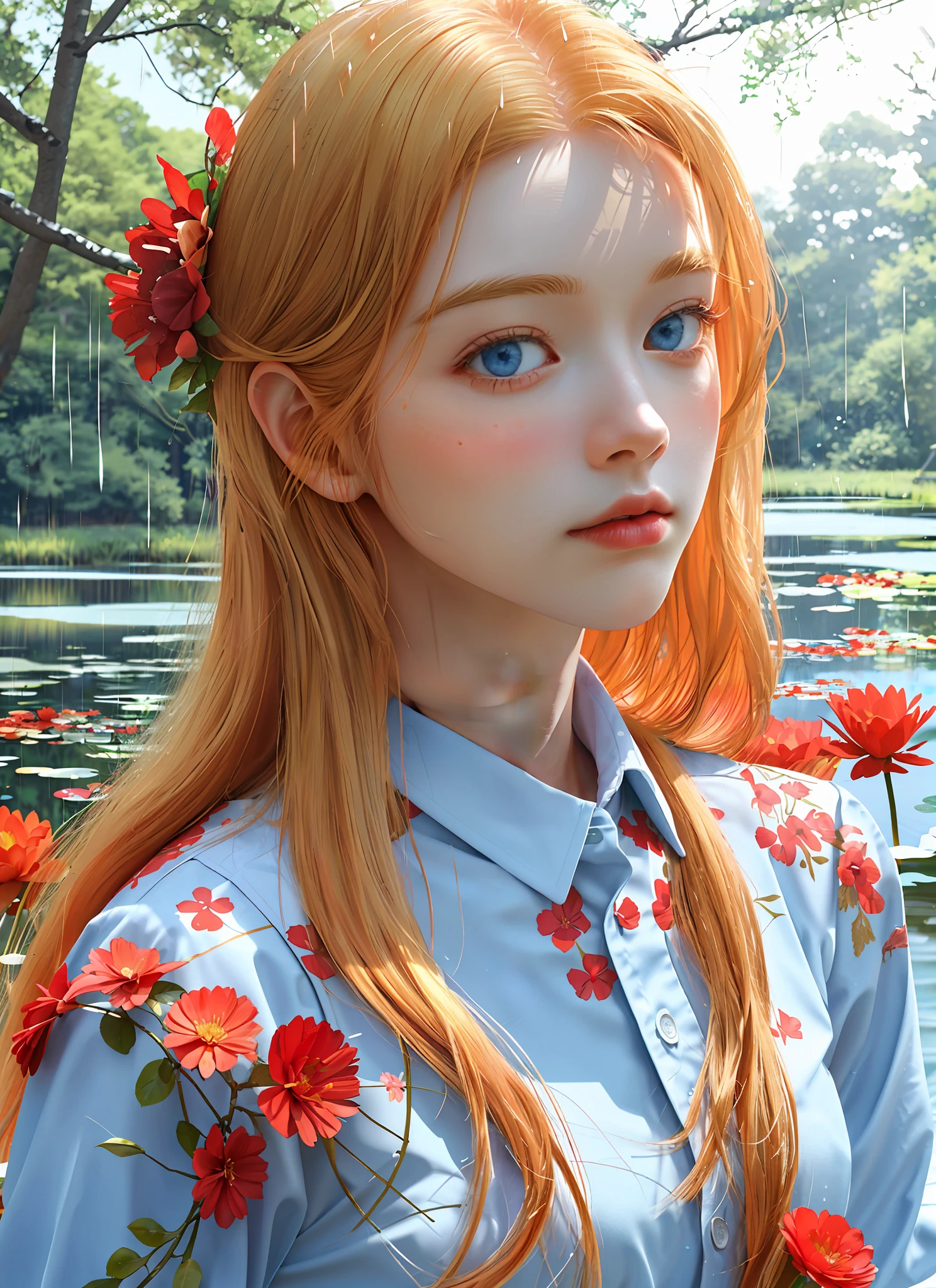 red flower, golden hair, white cloth, rain heaven,blue eyes, sunlight, trees,pond