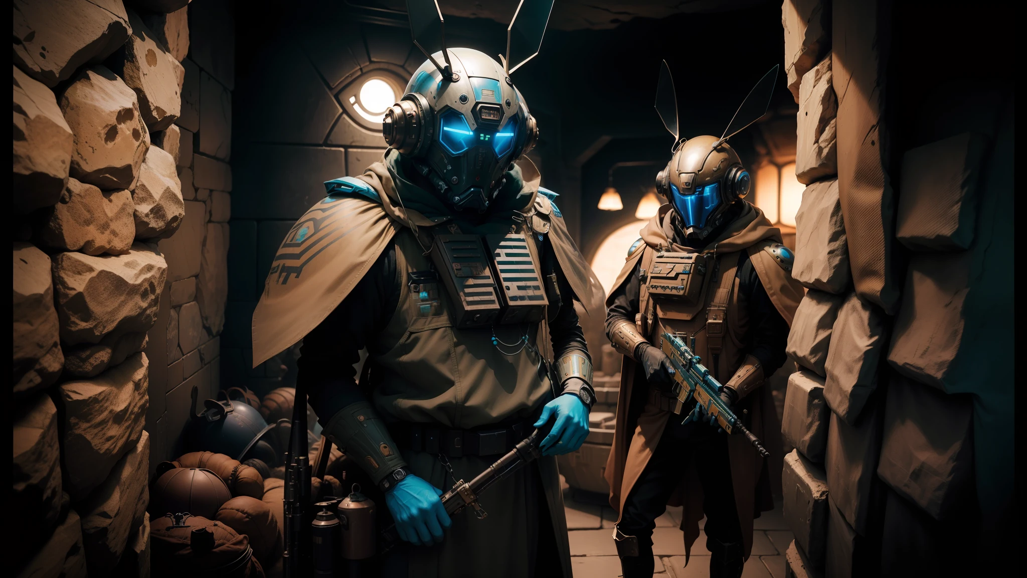 they are dressed in costumes of alien men and aliens, film still from dune 2020, steampunk insect, by Vladimír Vašíček, star wars cavern interior, promotional material, miners, wētā fx, brown and cyan blue color scheme, grimdark steampunk fantasy, soldiers --auto --s2