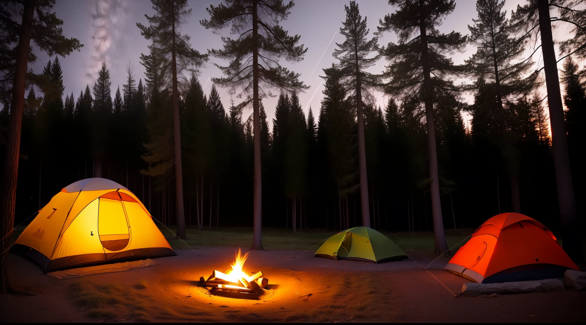 (campsite, forest, dark night, tent, campfire, stars, sleeping bags, cozy atmosphere, relaxing, peaceful)
