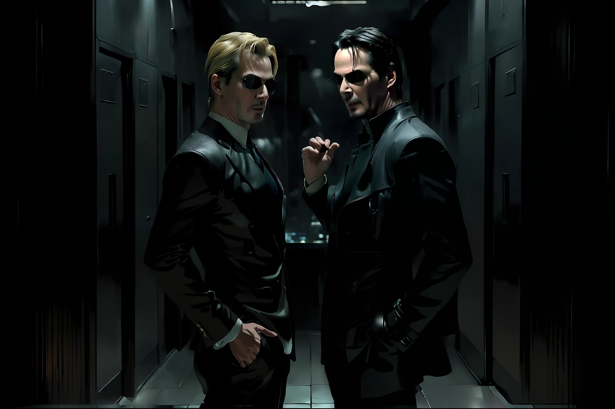 Neo wearing black trench coat with cape, black leather ,(((Keanu Reeves como neo de The Matrix 1999))), ((melhor qualidade)), ((obra-prima)), (detalhada)