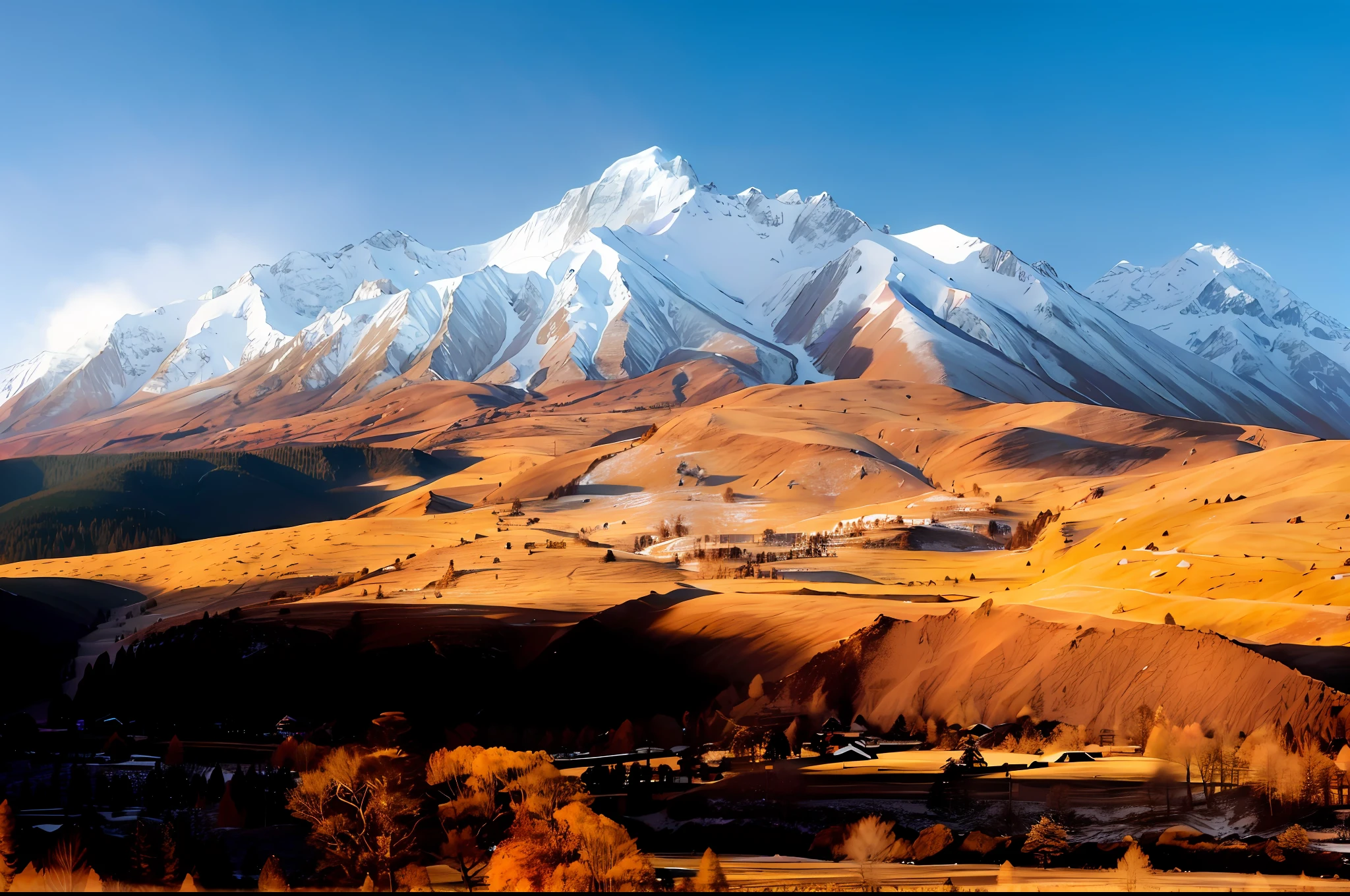 mountains with snow on them and a few trees in the foreground, snow capped mountains, beautiful mountains behind, autumn mountains, beautiful mountains, scenic mountain setting, beatiful mountain background, cinematic silk road lanscape, sunshine lighting high mountains, wallpaper - 1 0 2 4, high mountains, mongolia, majestic snowy mountains, himalayas, beautiful high resolution, snowy mountain background