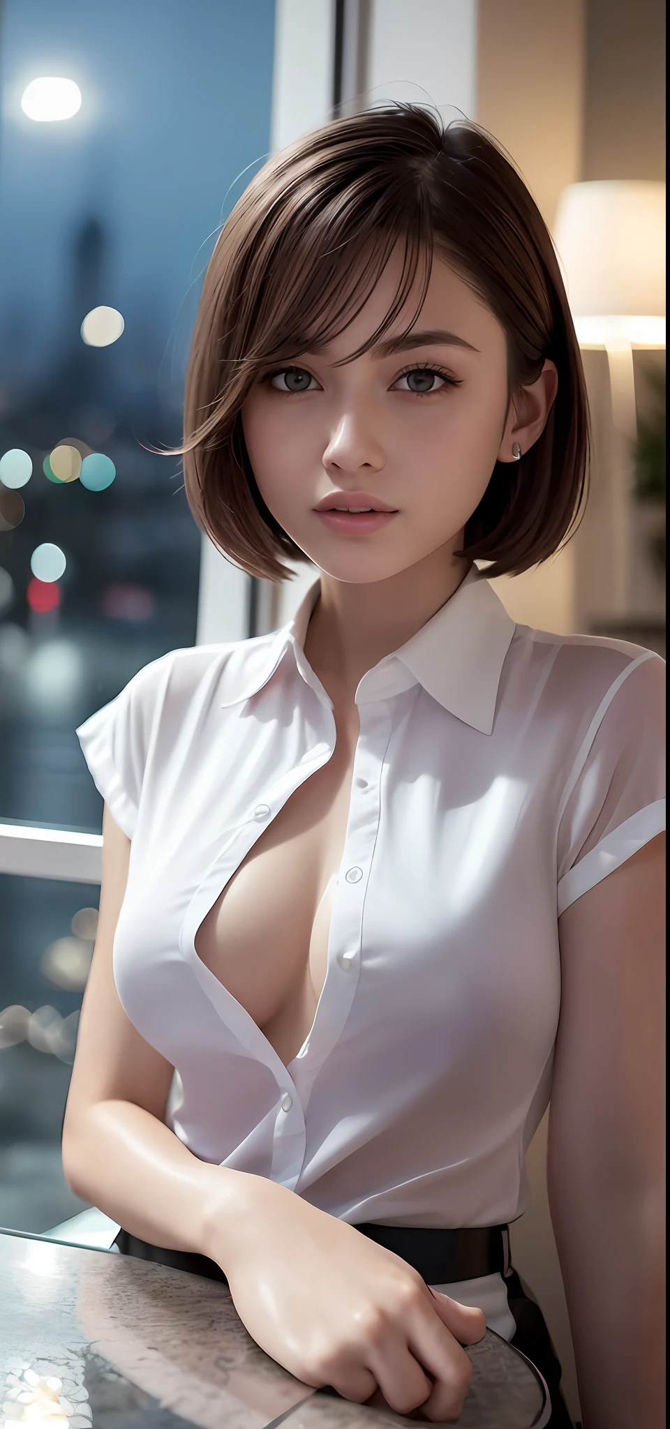 (8k, best quality, masterpiece:1.2), (realistic, photo-realistic:1.37), ultra-detailed, 1 girl, cute, solo, beautiful detailed sky, detailed cafe, night, sitting, dating, (nose blush), (smile:1.15), (closed mouth) small breasts, beautiful detailed eyes, (collared shirt:1.1), night, wet, business attire, rain, white lace, (short hair:1.2), floating hair NovaFrogStyle, topless,