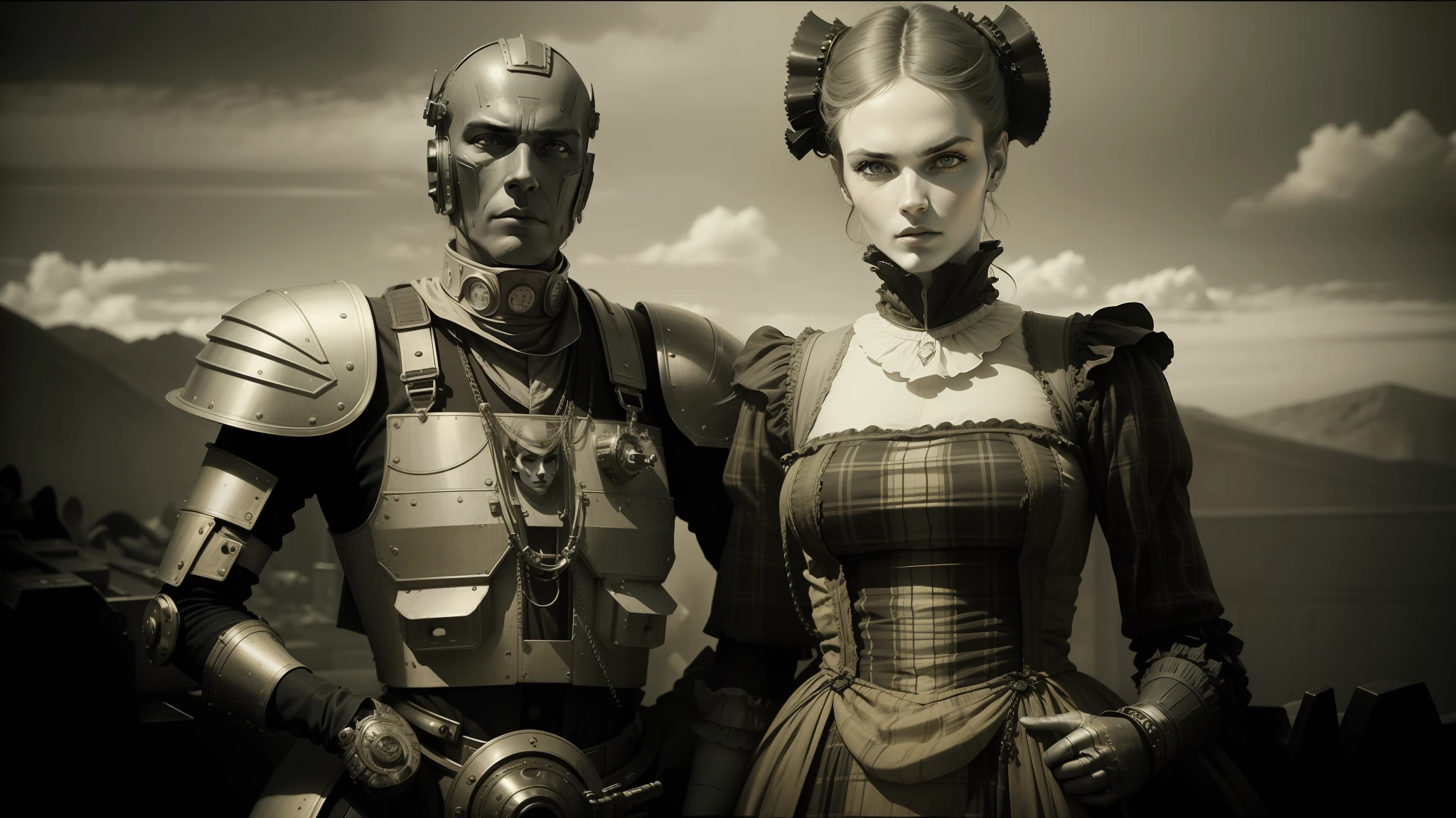 there is a robot and a woman dressed in costumes side by side, victorian science fiction inspired, hugh kretschmer, plaid attire, wearing ornate armor, daguerreotype photography, cinematography 2009, cinematic widescreen footage, black and white color photography, fashion photography fine art, cgsociety!, mad max style, scottish folklore, kenny mcbride --auto --s2